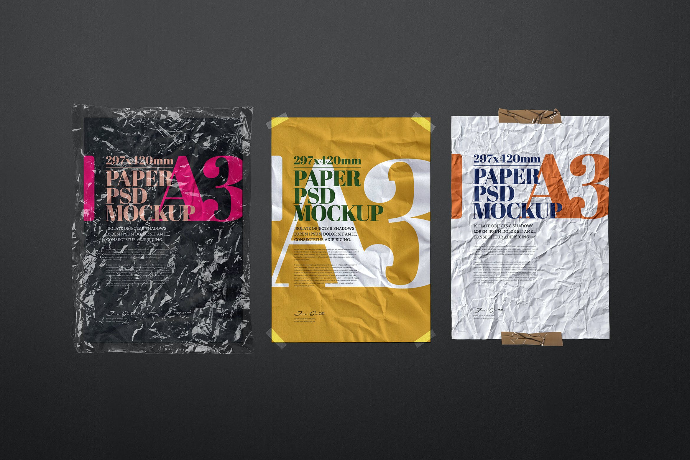 塑料袋&胶带A3传单海报样机 A3 Flyer Poster Mockup Adhesive Duct Strip Bag