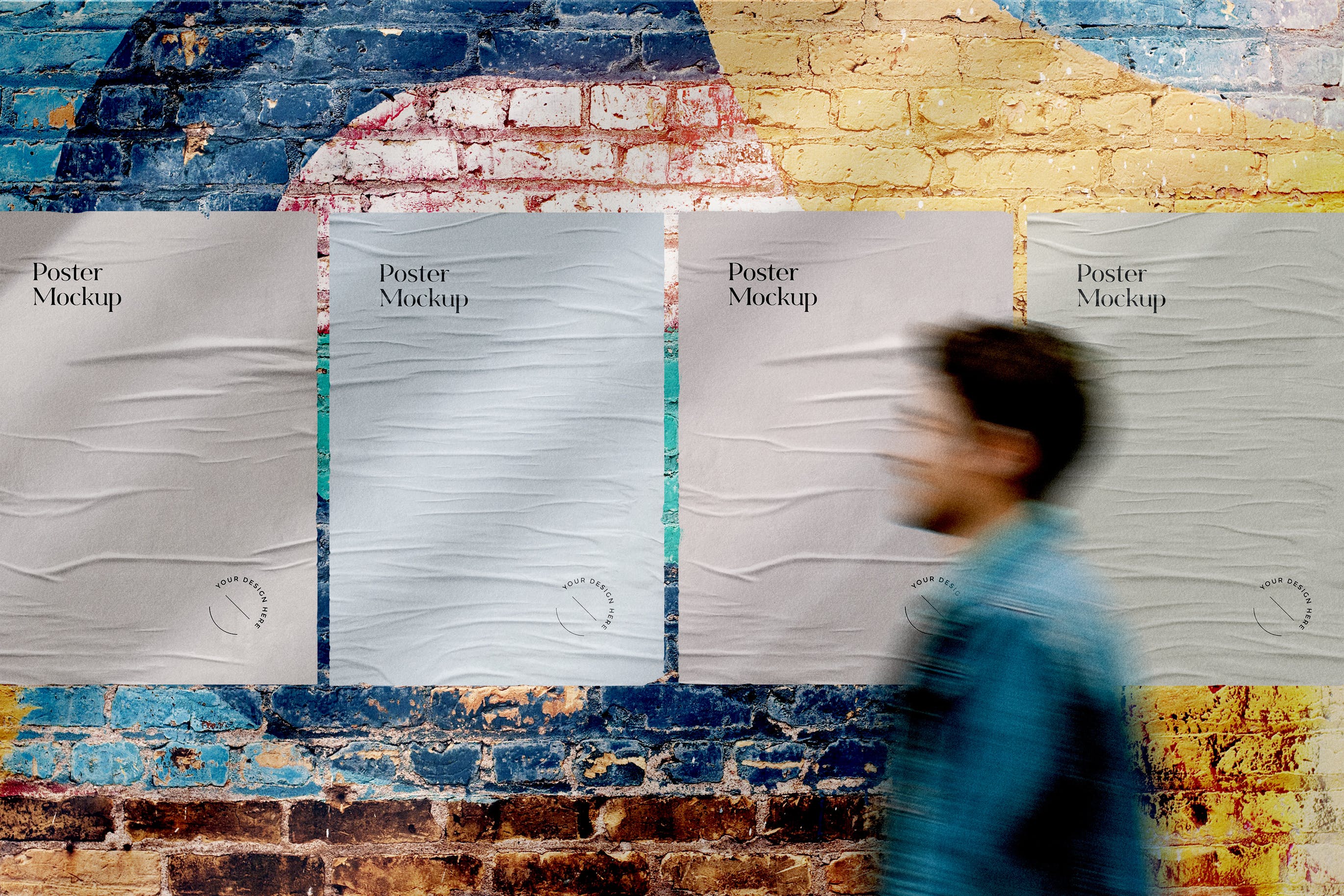 旧墙粘贴海报样机 Old Wall with Glued Posters Mockup