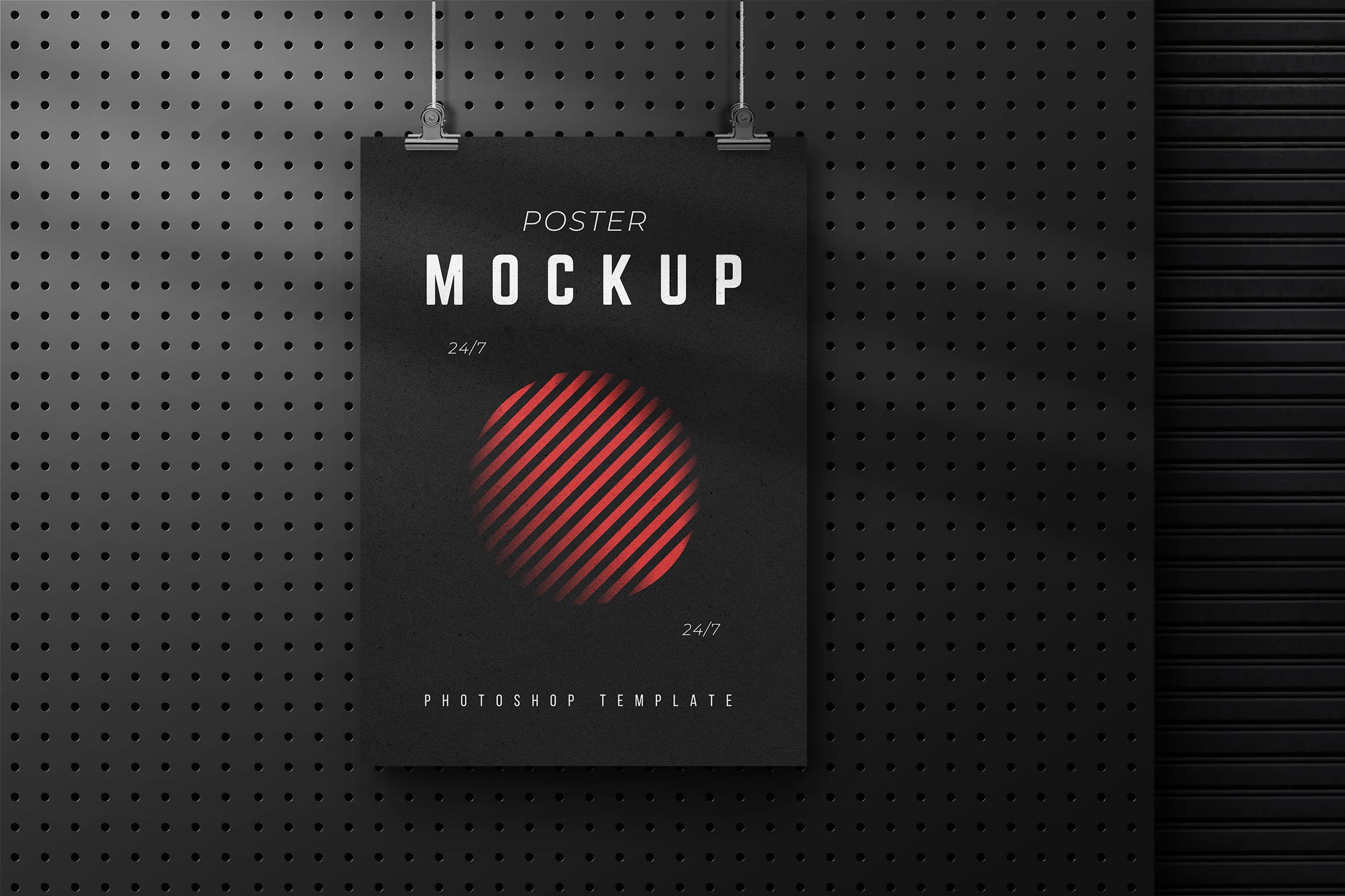 黑色网格悬挂海报设计样机 Branding Hanging Poster Mockup