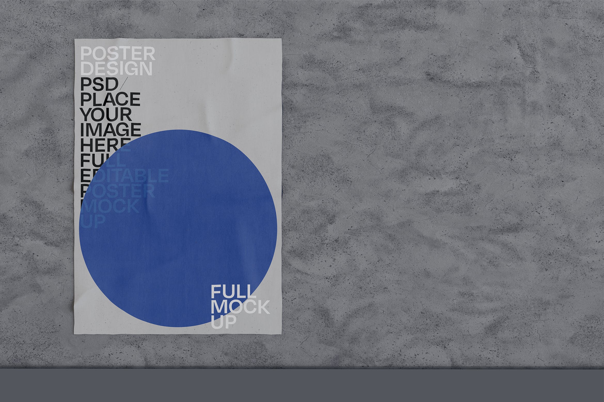 混凝土墙皱纹海报样机 Crumpled Poster On Concrete Wall Mockup