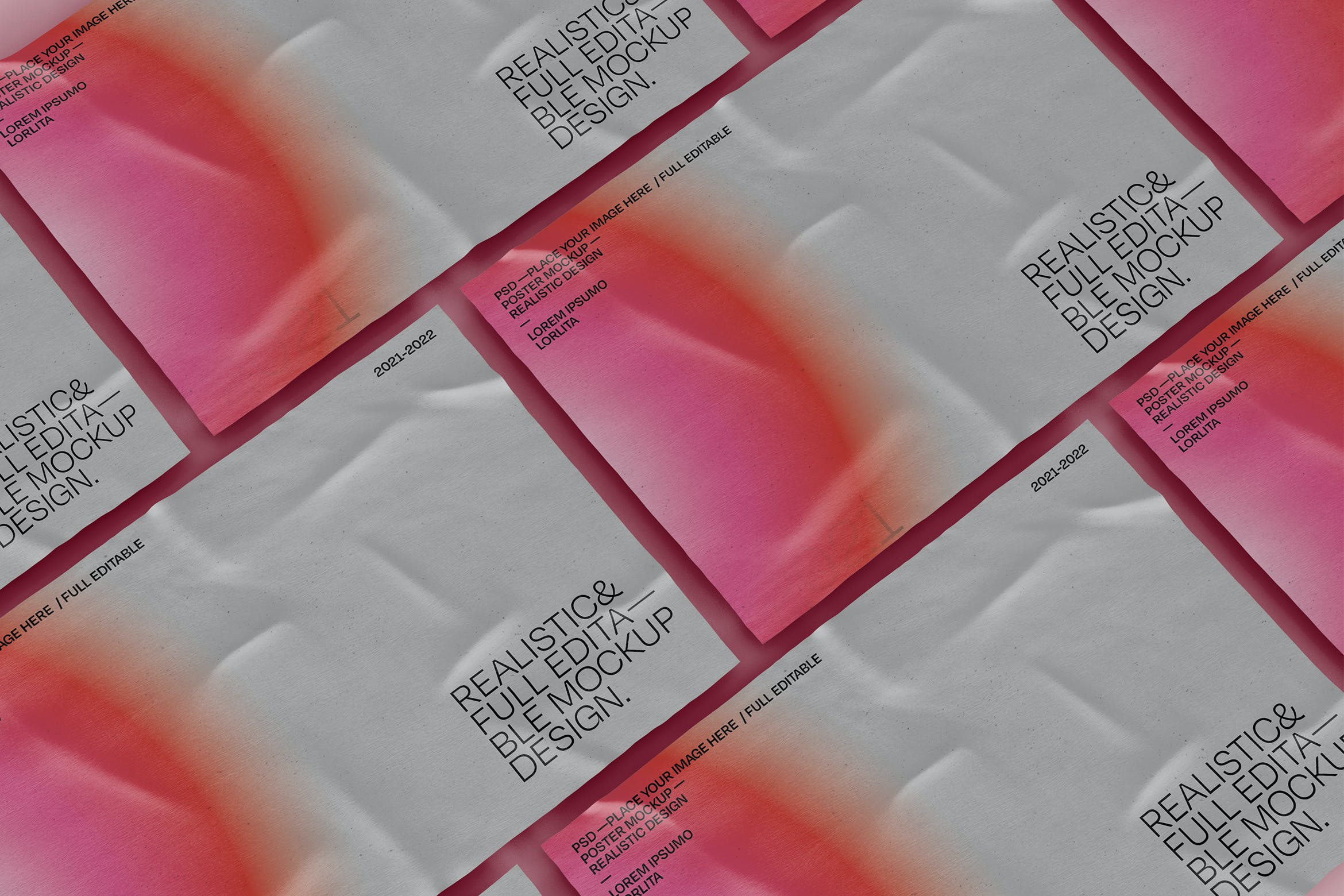 等距视图皱褶海报样机 Crumpled Poster Mosaic Mockup