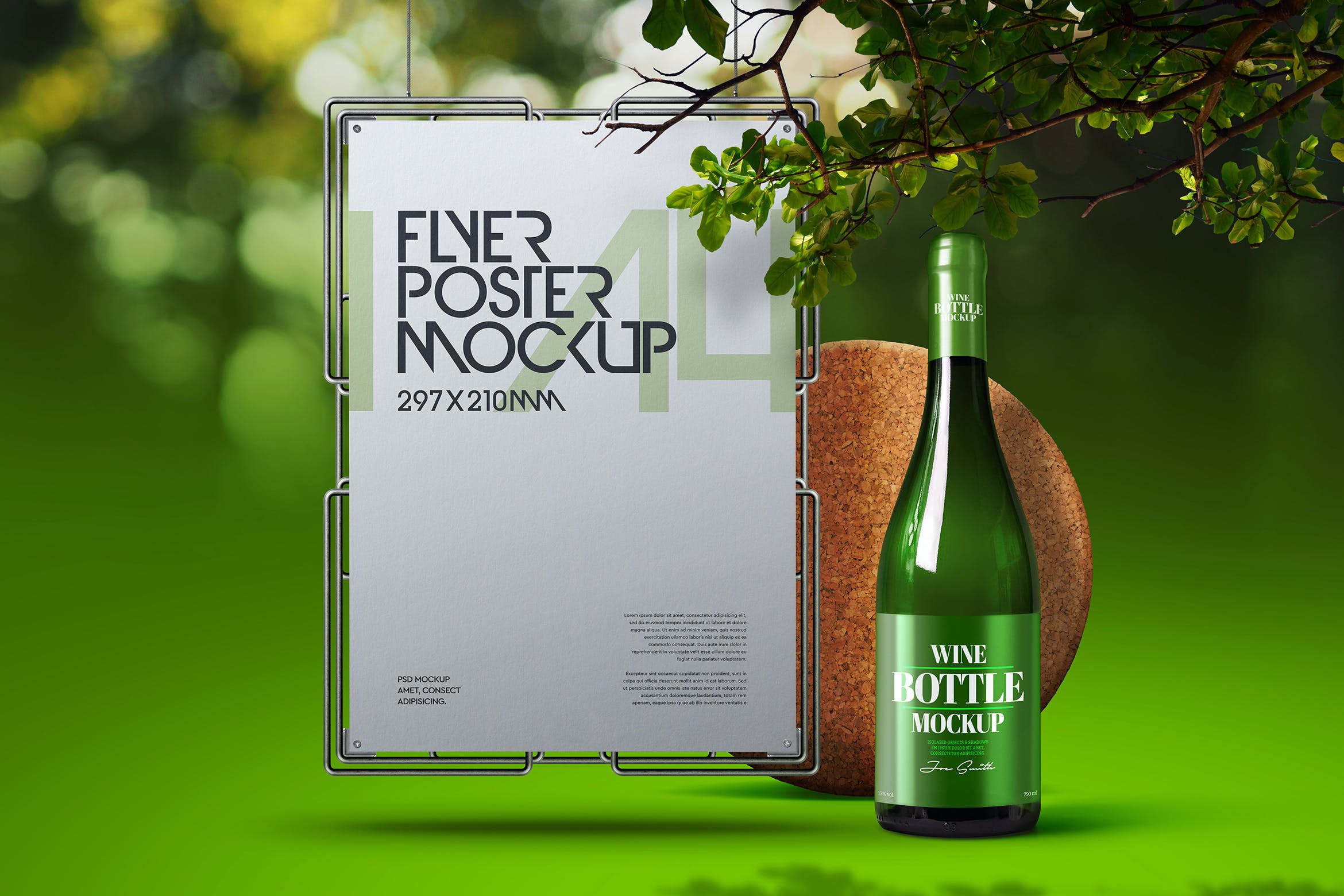 吊挂A4海报传单&绿色酒瓶样机  Bottle Wine Mockup Green Poster Flyer A4 Hanging