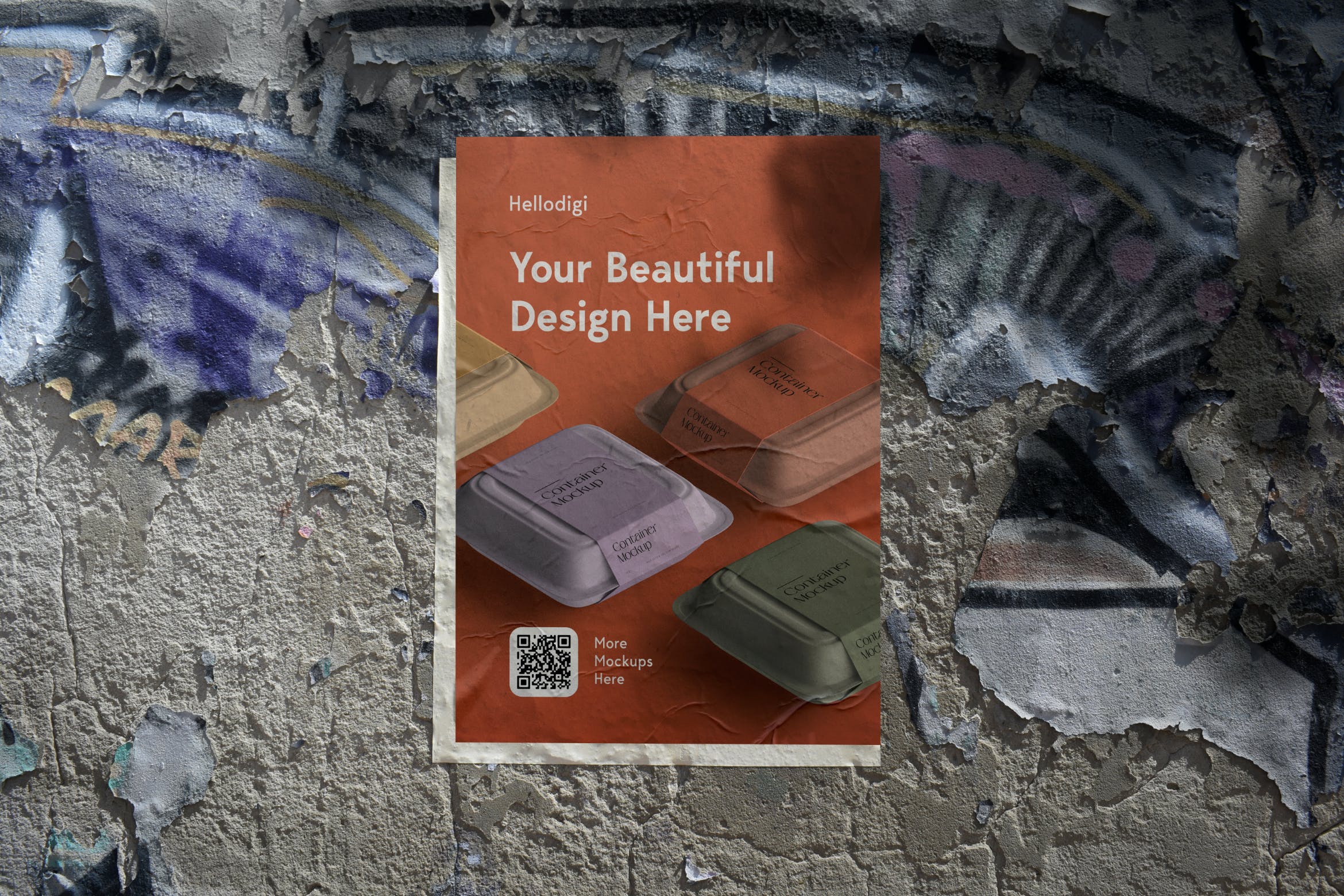 涂鸦裂纹墙海报展示样机 Wall Poster Mockup