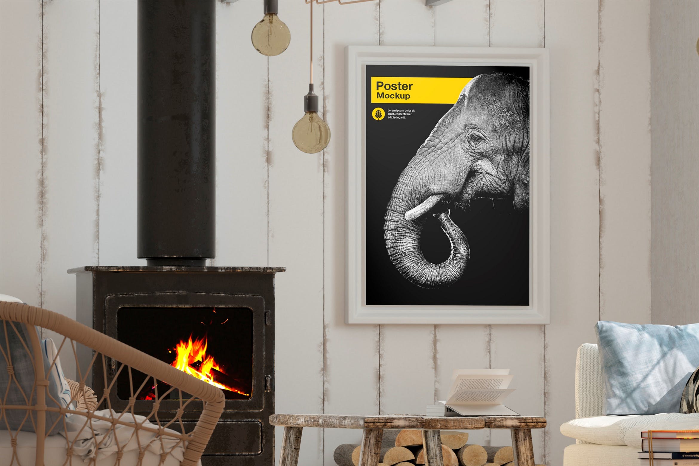 壁炉客厅场景艺术海报样机 Poster in Living Room Mockup