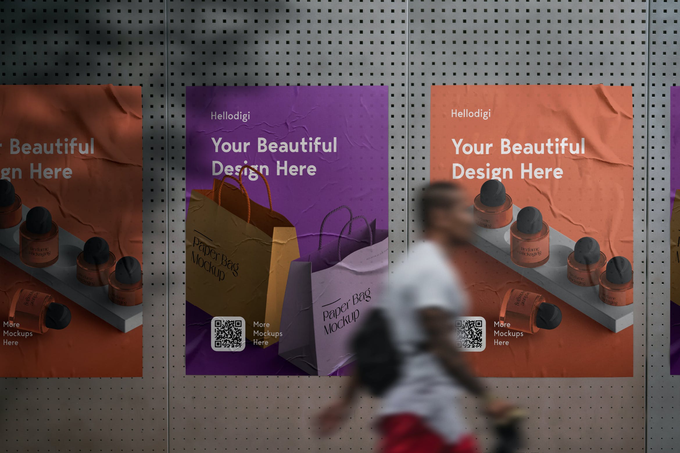 栅格铁墙张贴海报展示样机 Wall Poster Mockup