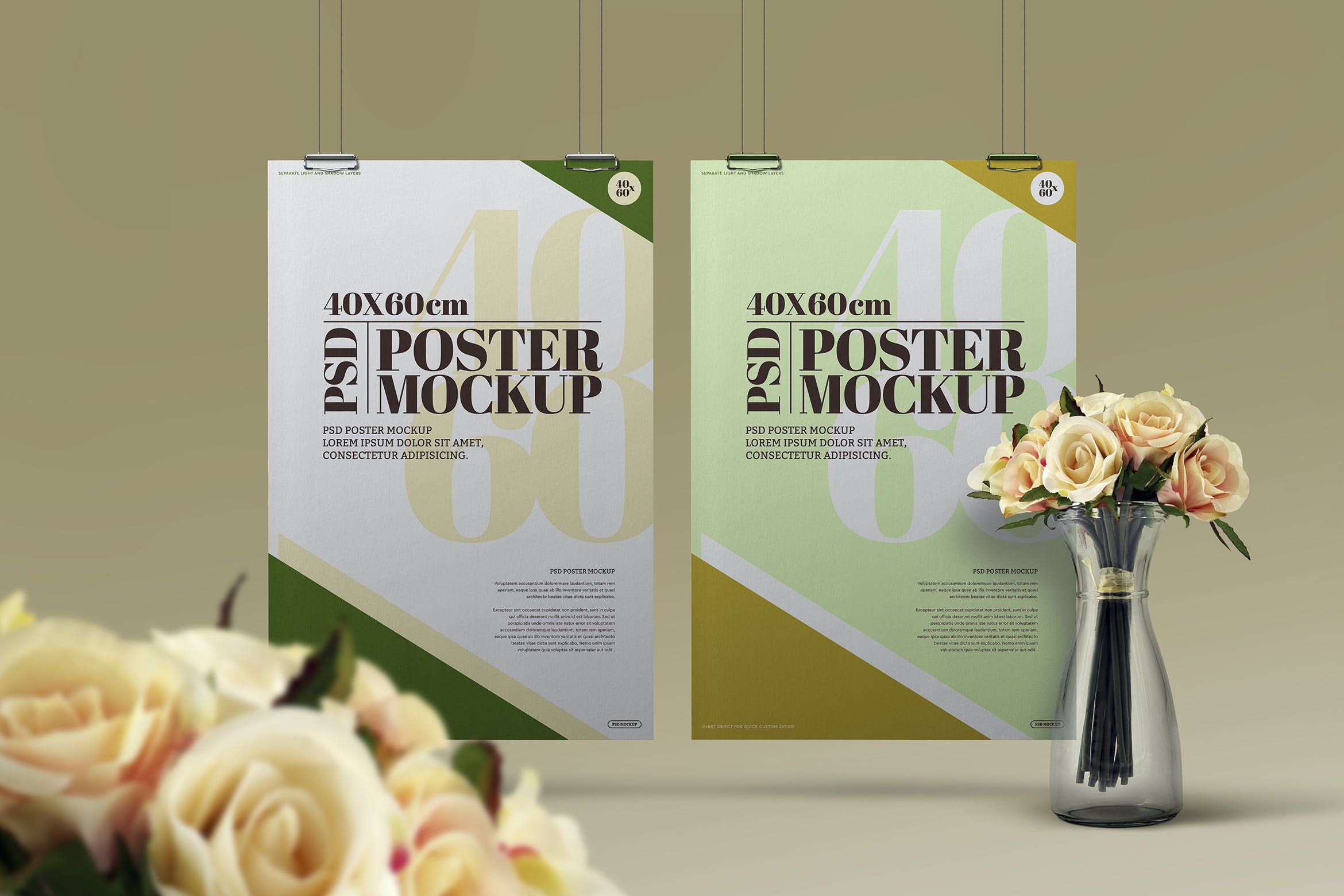 花束装饰金属夹吊挂40x60cm海报样机 Hanging Mockup 40×60 Poster Clipboard Clip Flowers