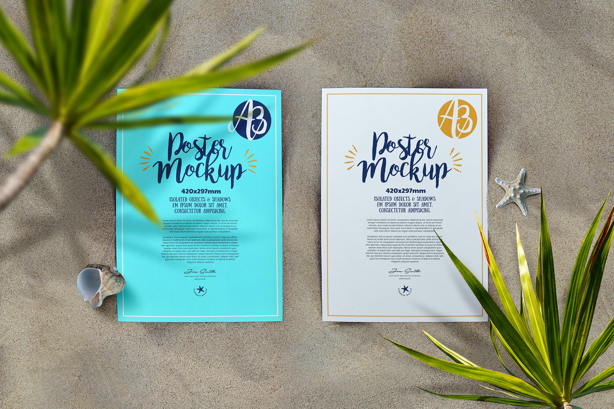 沙滩场景A3尺寸海报展示顶视图样机 A3 Poster Mockup Beach Sea Sand Nature Top View