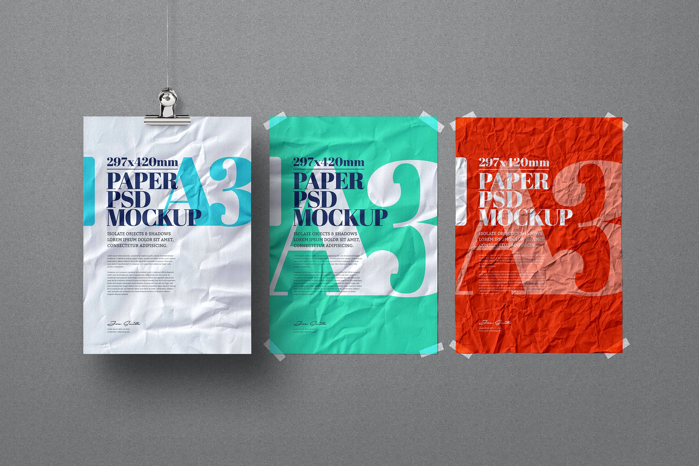 皱巴巴的A3尺寸传单海报样机 A3 Flyer Poster Mockup Crumpled Hanging Adhesive