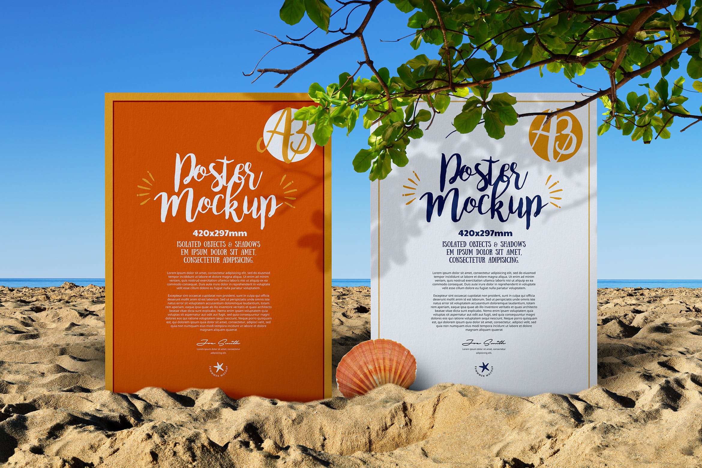 沙滩场景A3尺寸海报展示前视图样机 A3 Poster Mockup Beach Sea Sand Nature Front View