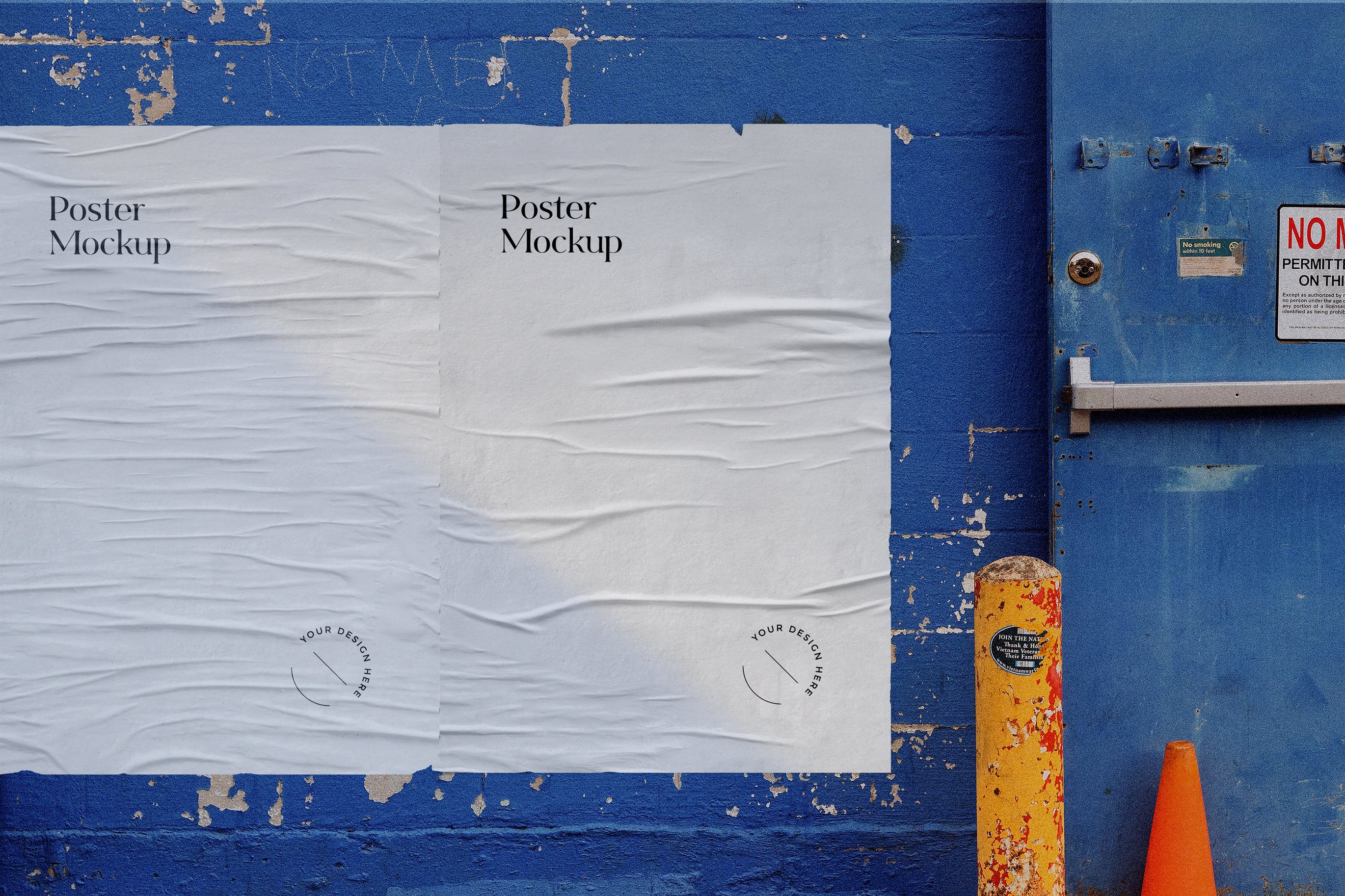 破旧油漆墙粘贴海报样机 Glued Poster Mockup on Peeling Paint Wall