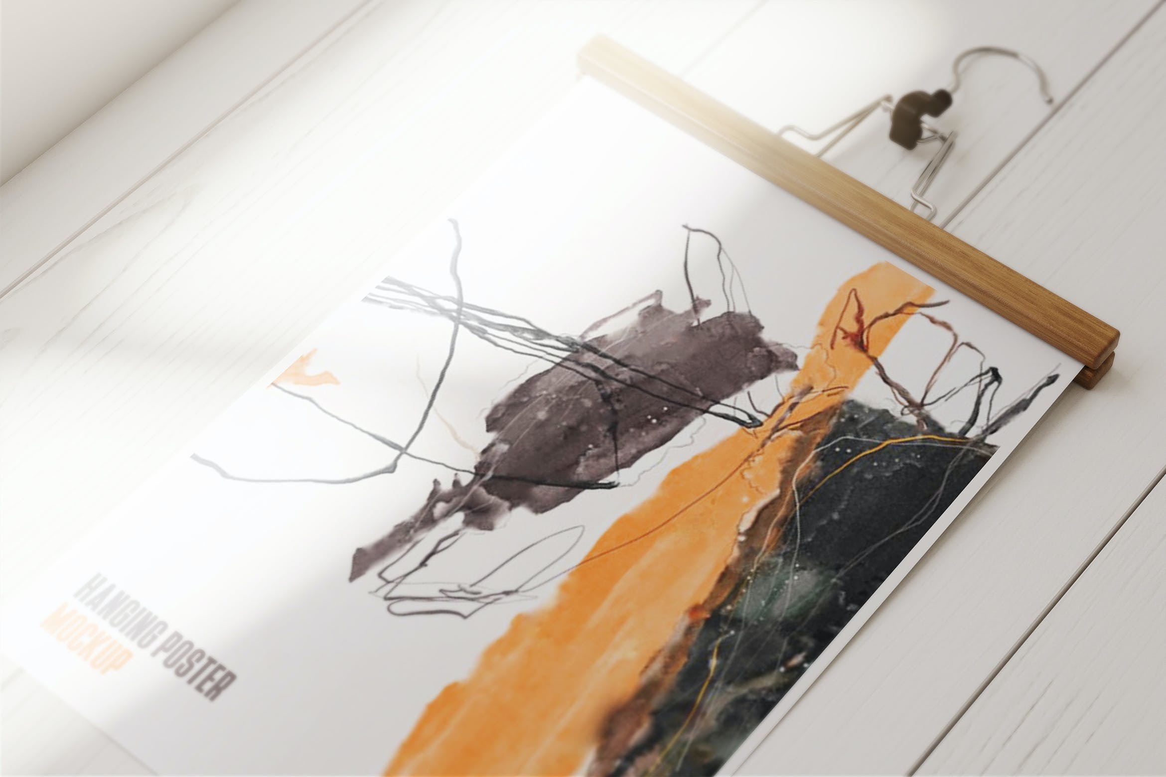 木衣挂艺术作品海报样机 Hanging Poster Mockup