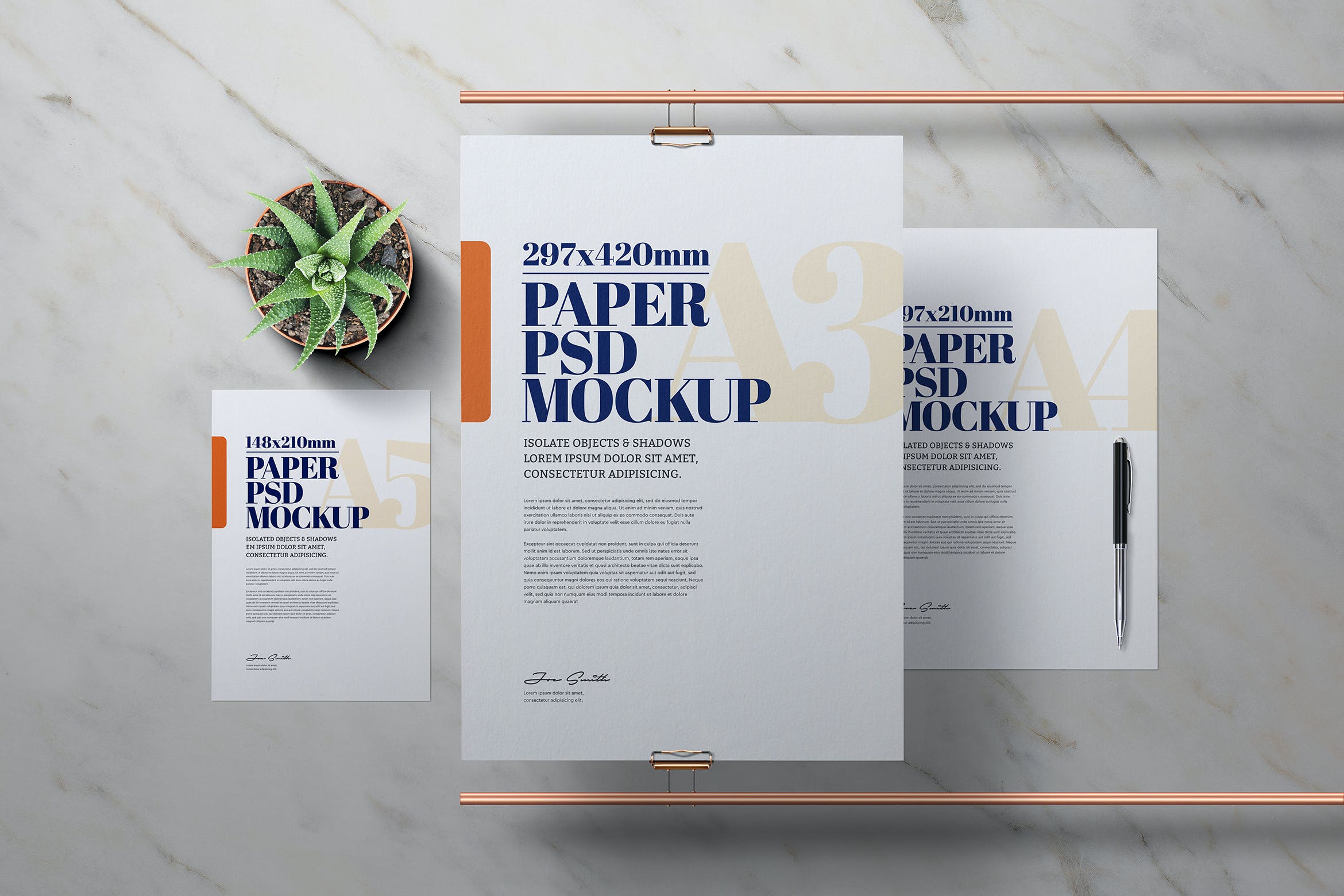 铜管元素A3/A4/A5尺寸传单海报样机 A3 A4 A5 Flyer Poster Mockup Copper Pipe