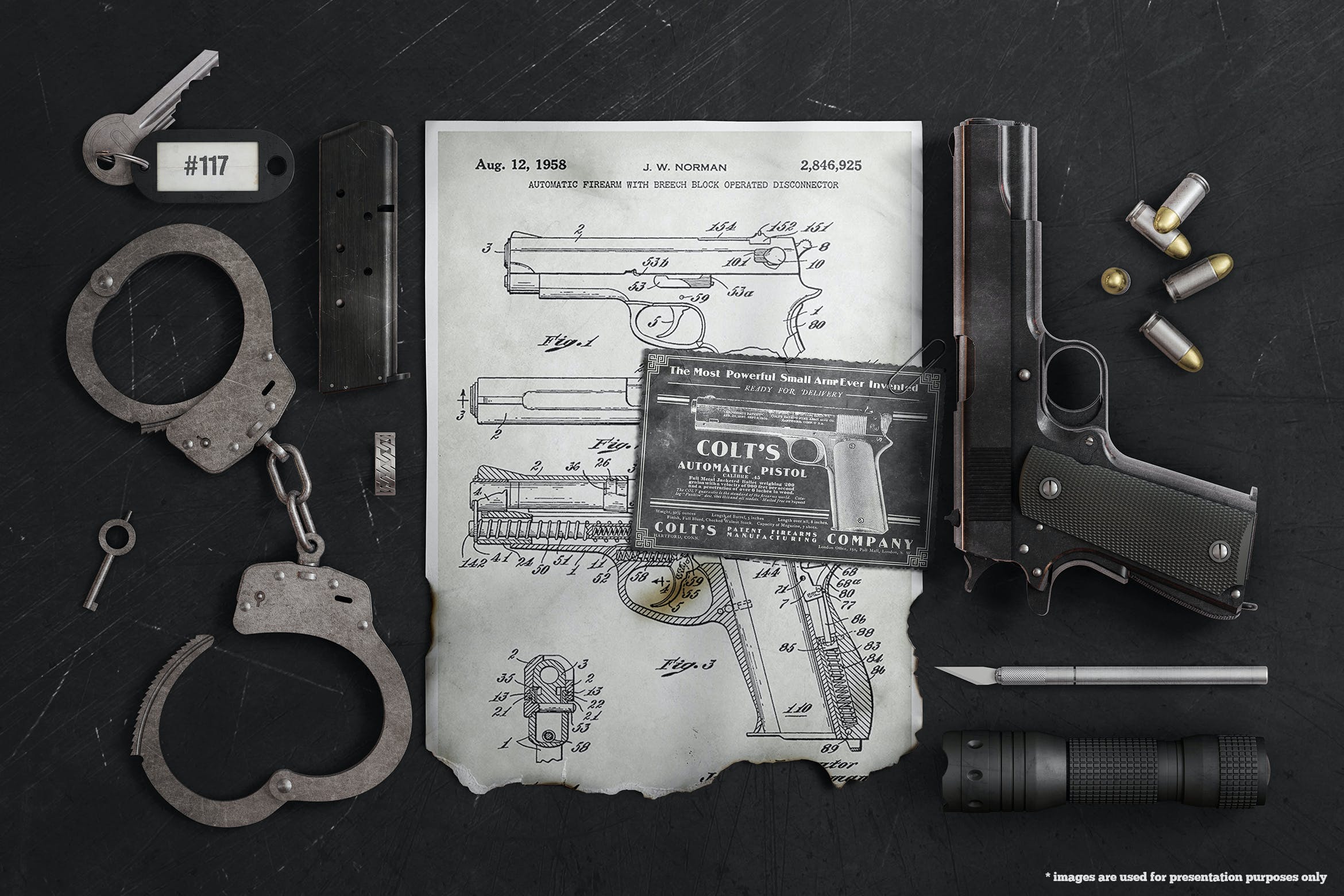 枪械配件撕裂烧毁海报样机 Torn Burnt Poster With Brutal Accessories Mockup