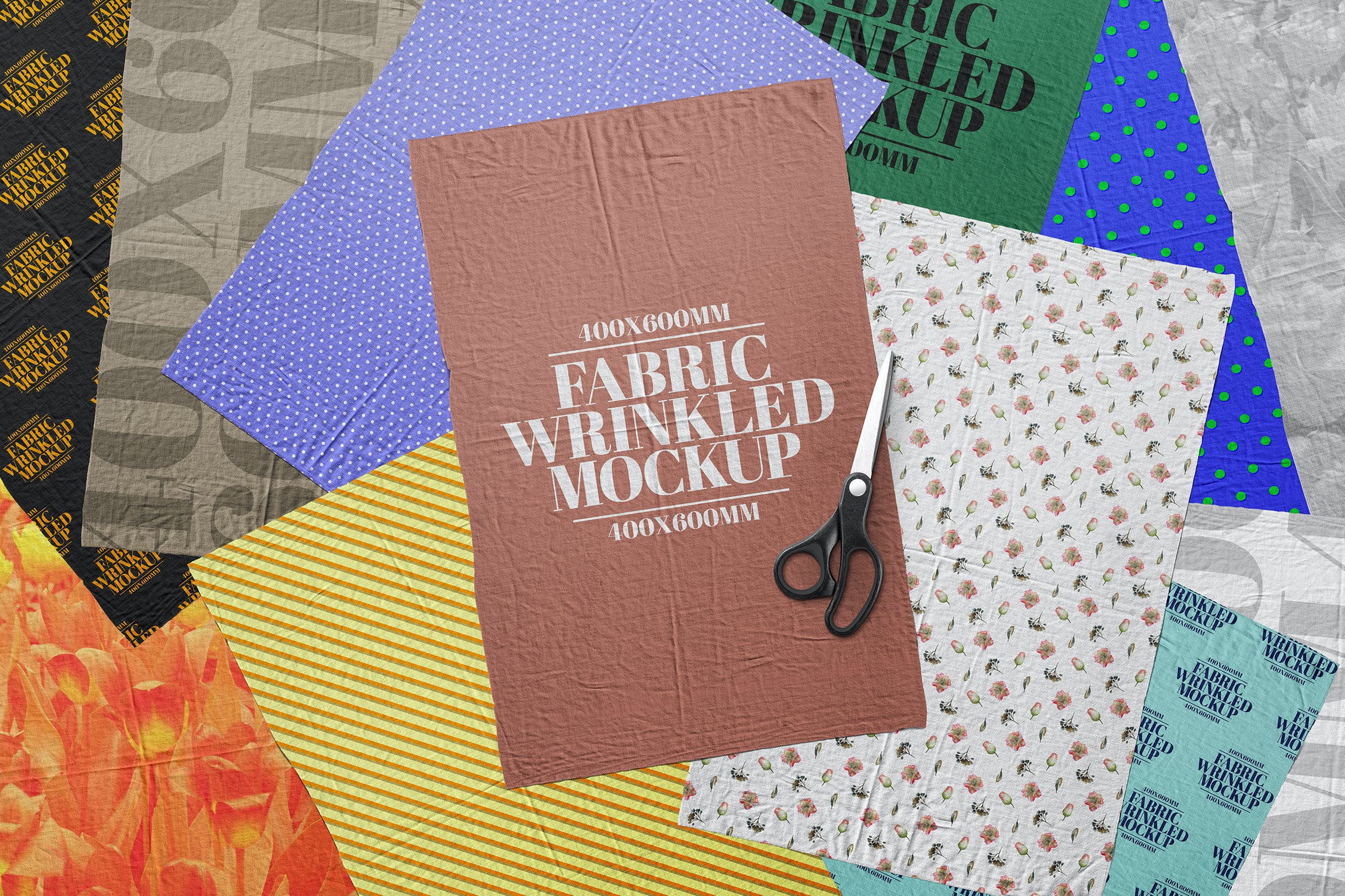海报尺寸织物皱纹布料图案设计样机 Fabric Wrinkled Mockup Cloth Texture Poster Set