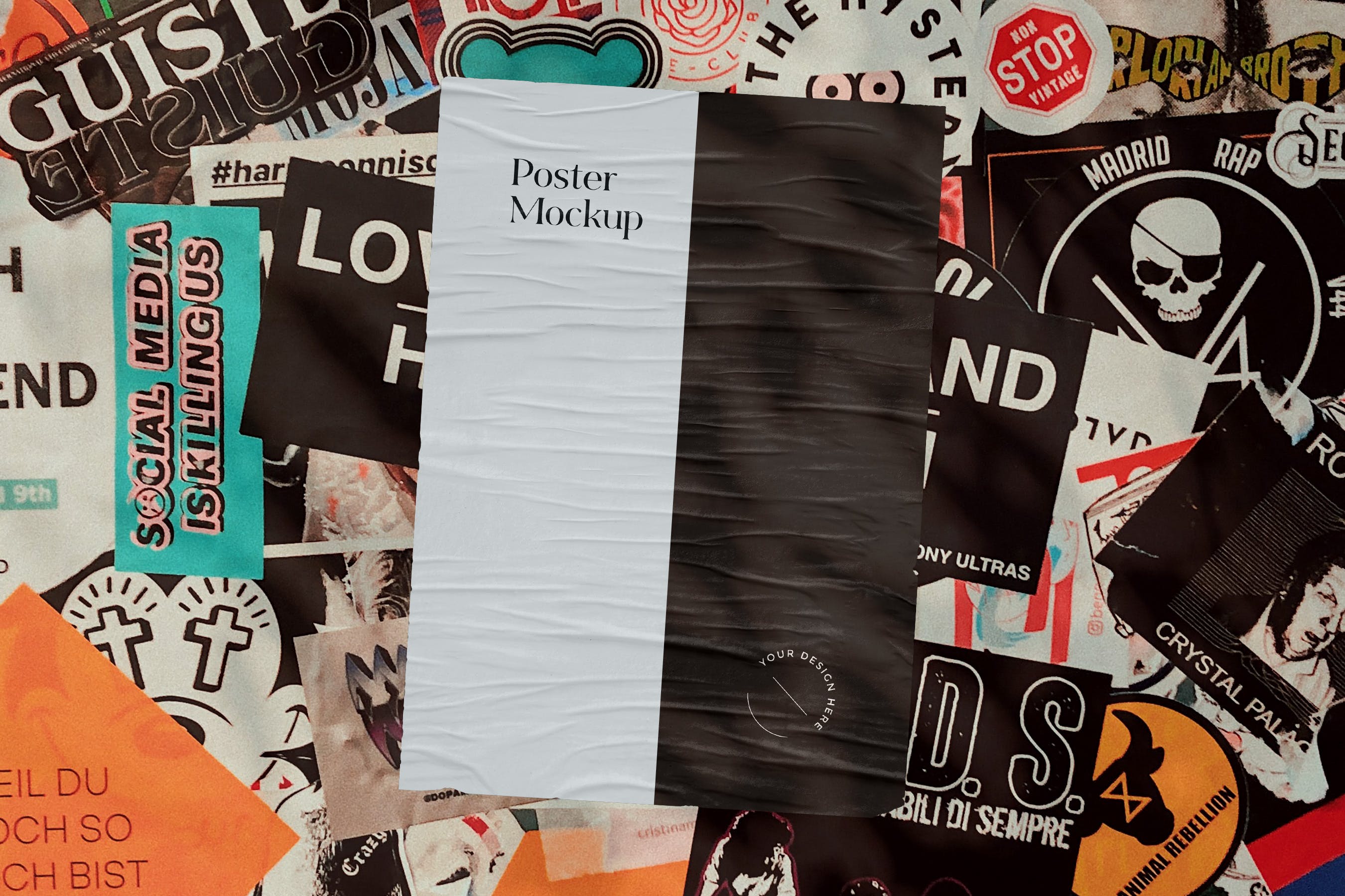 贴纸墙上的粘贴海报样机 Glued Poster Mockup on Sticker Wall