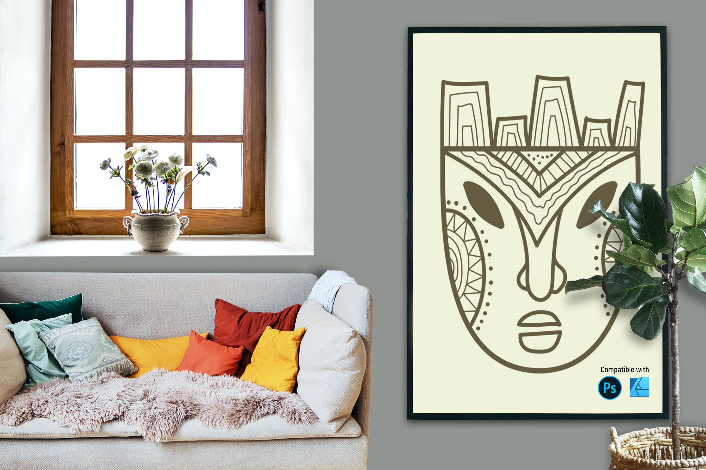 逼真的沙发家居场景海报展示样机 Realistic Poster Mockup