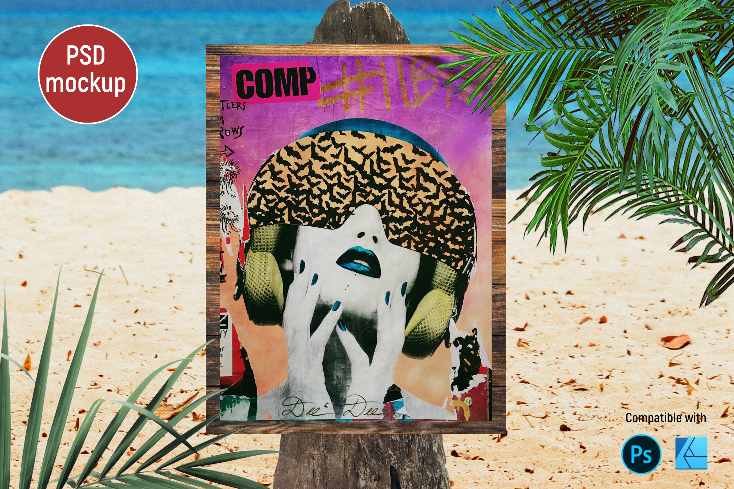 海滩背景木板海报展示样机 Woods Beach Poster Mockup