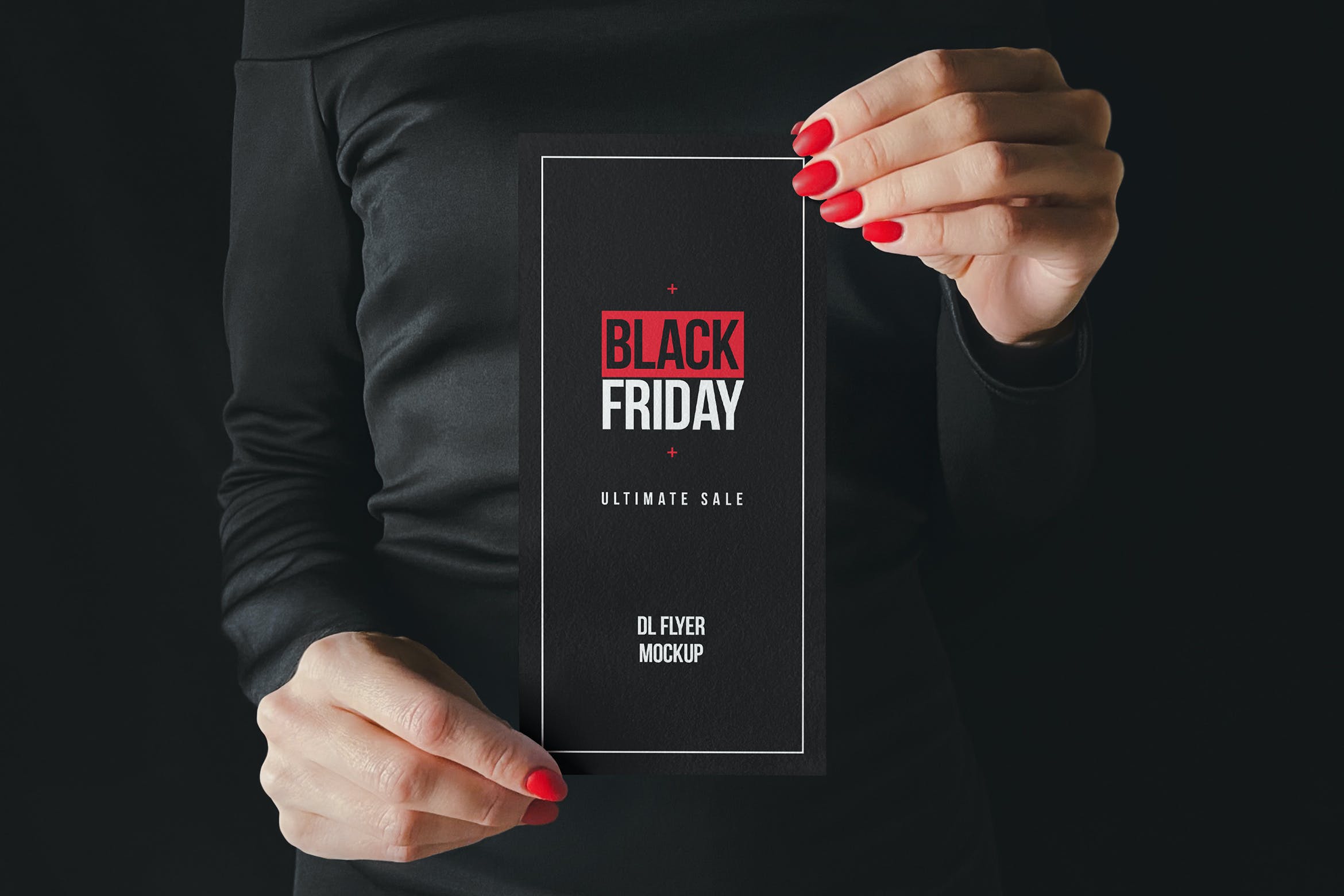 高端黑色场景DL宣传单效果图样机 Woman Holding DL Flyer Black Scene Mockup