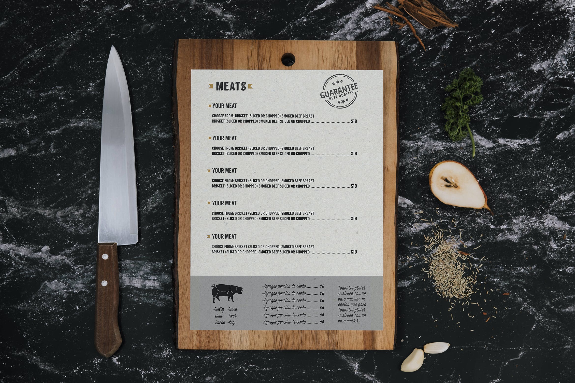 案板元素餐厅菜单设计样机 Restaurant Menu Mockup