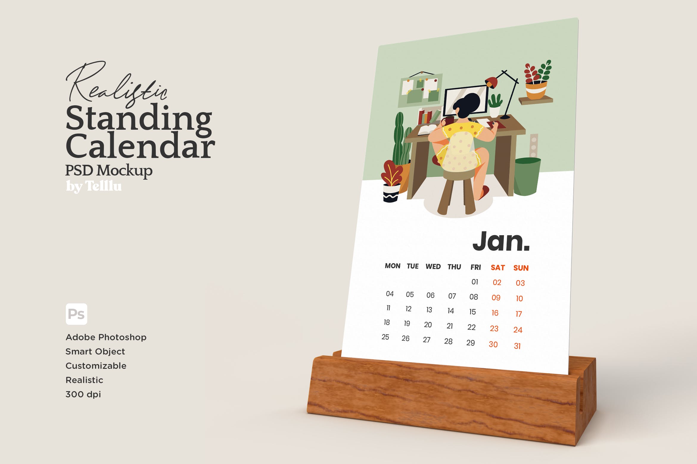 木架日历设计PSD样机模板 Realistic Calendar with Wood Standing PSD Mockup
