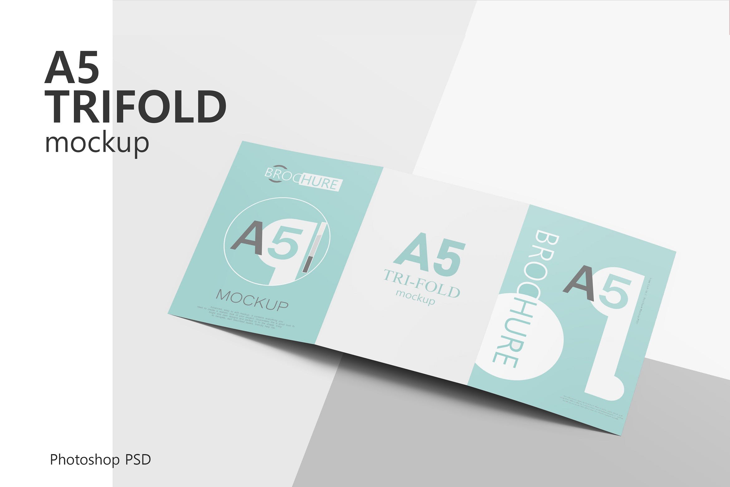 逼真的A5尺寸三折页小册子样机 Realistic A5 Trifold Brochure Mockup