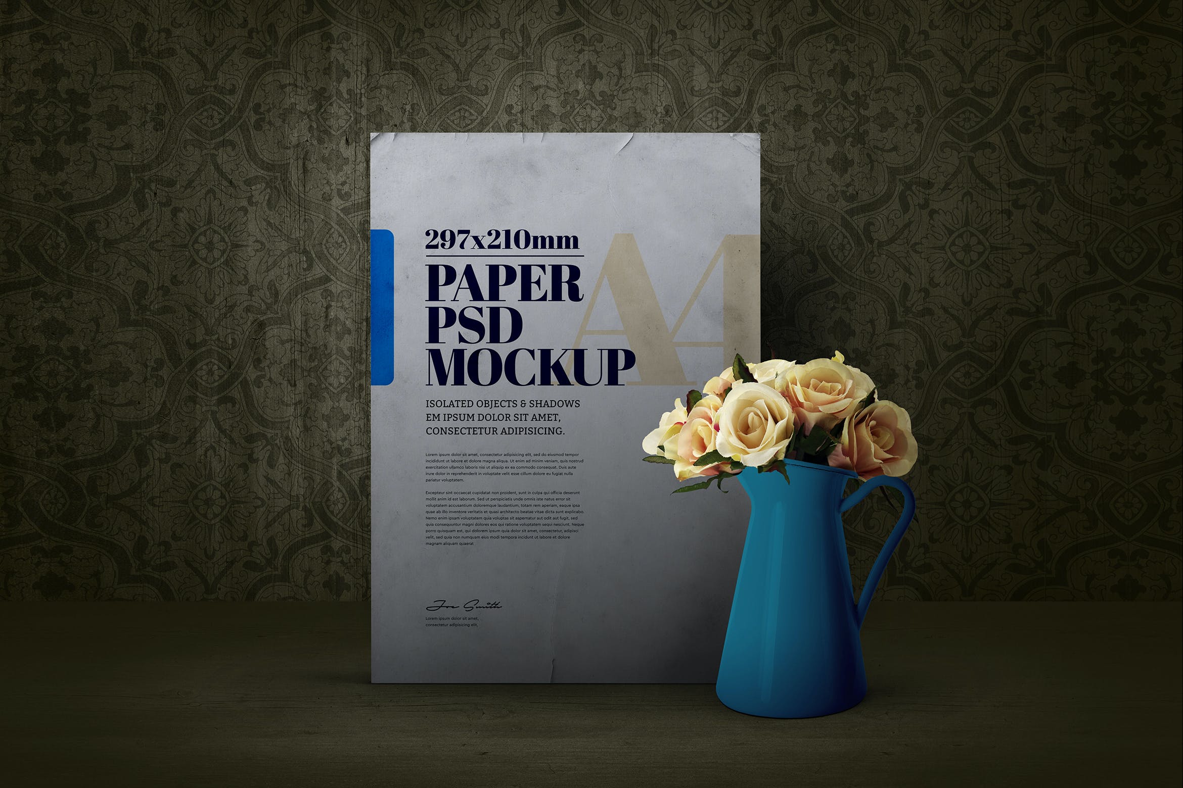 花瓶装饰A4纸张海报样机素材 Paper A4 Flowers Vase Steel Enamel Mockup