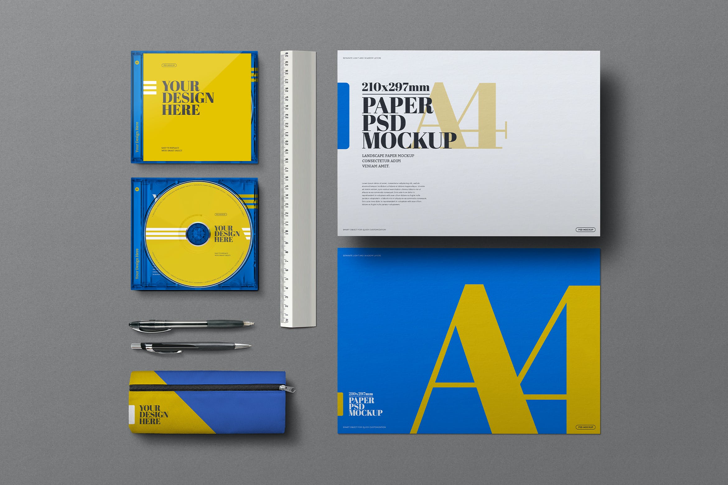 A4横向尺寸纸张文具&CD盒样机素材 Stationery A4 Landscape Cd Case Mockup