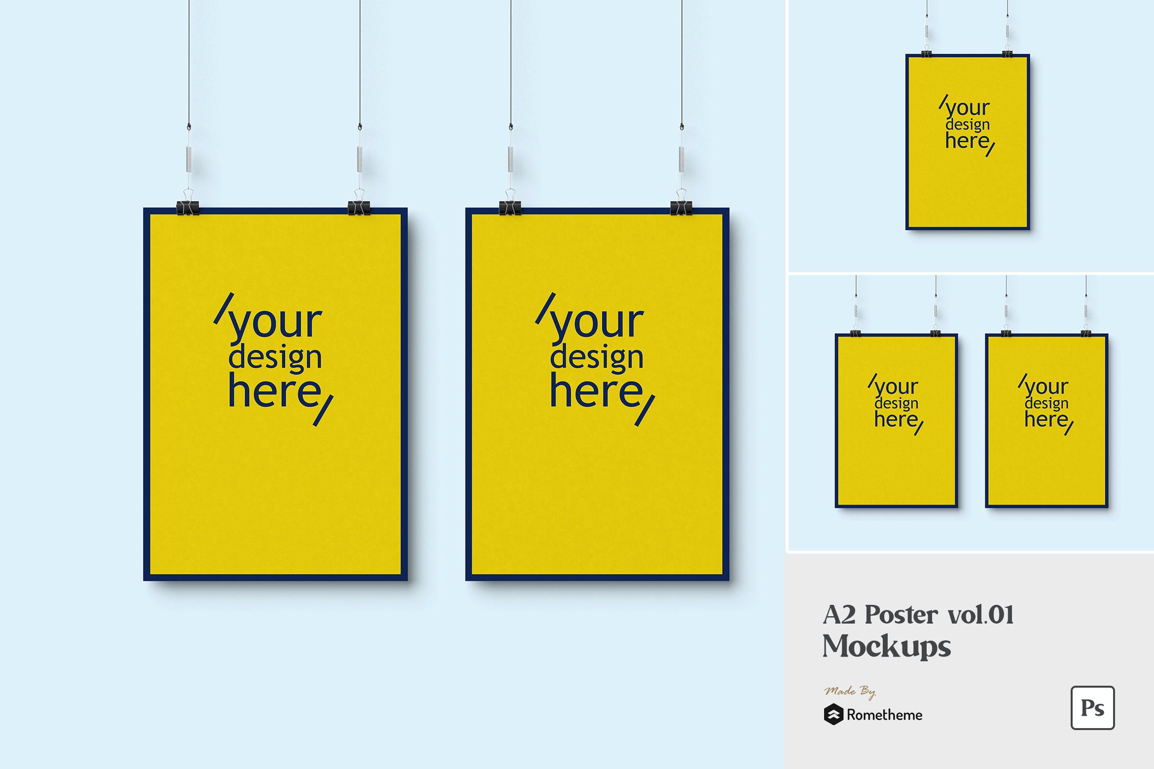 吊挂A2尺寸海报作品展示样机模板 A2 Poster – Mockup FH