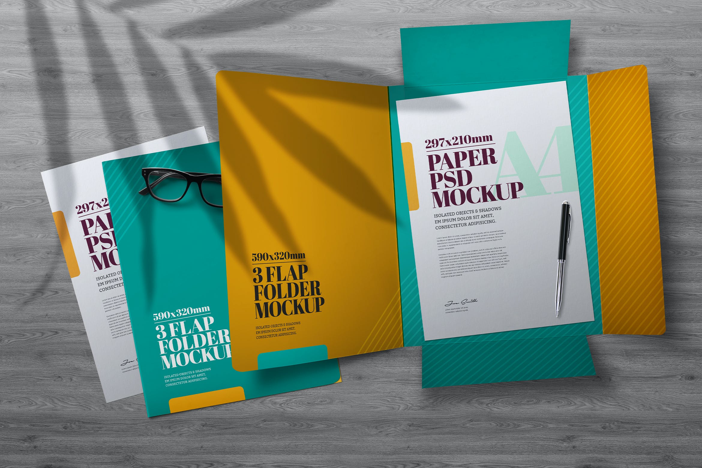 植物阴影办公文具翻盖文件夹样机素材 Flap Folder Mockup