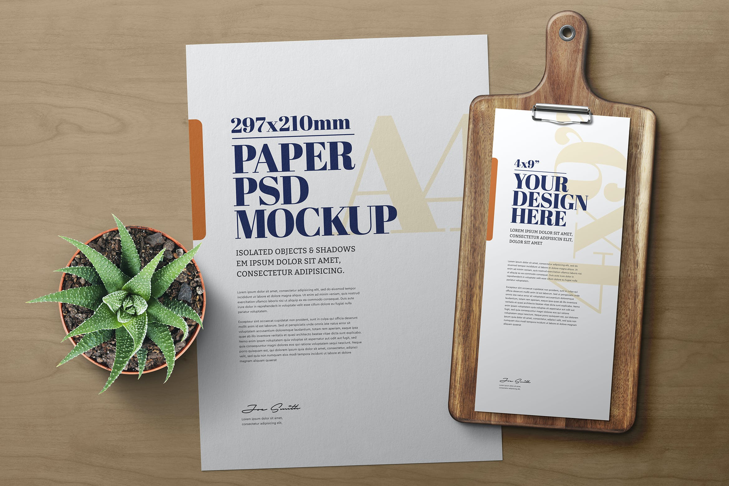 木菜板元素A4和4×9尺寸纸张菜单样机素材 A4 And 4×9 Paper Menu On Wood Cutting Board Mockup