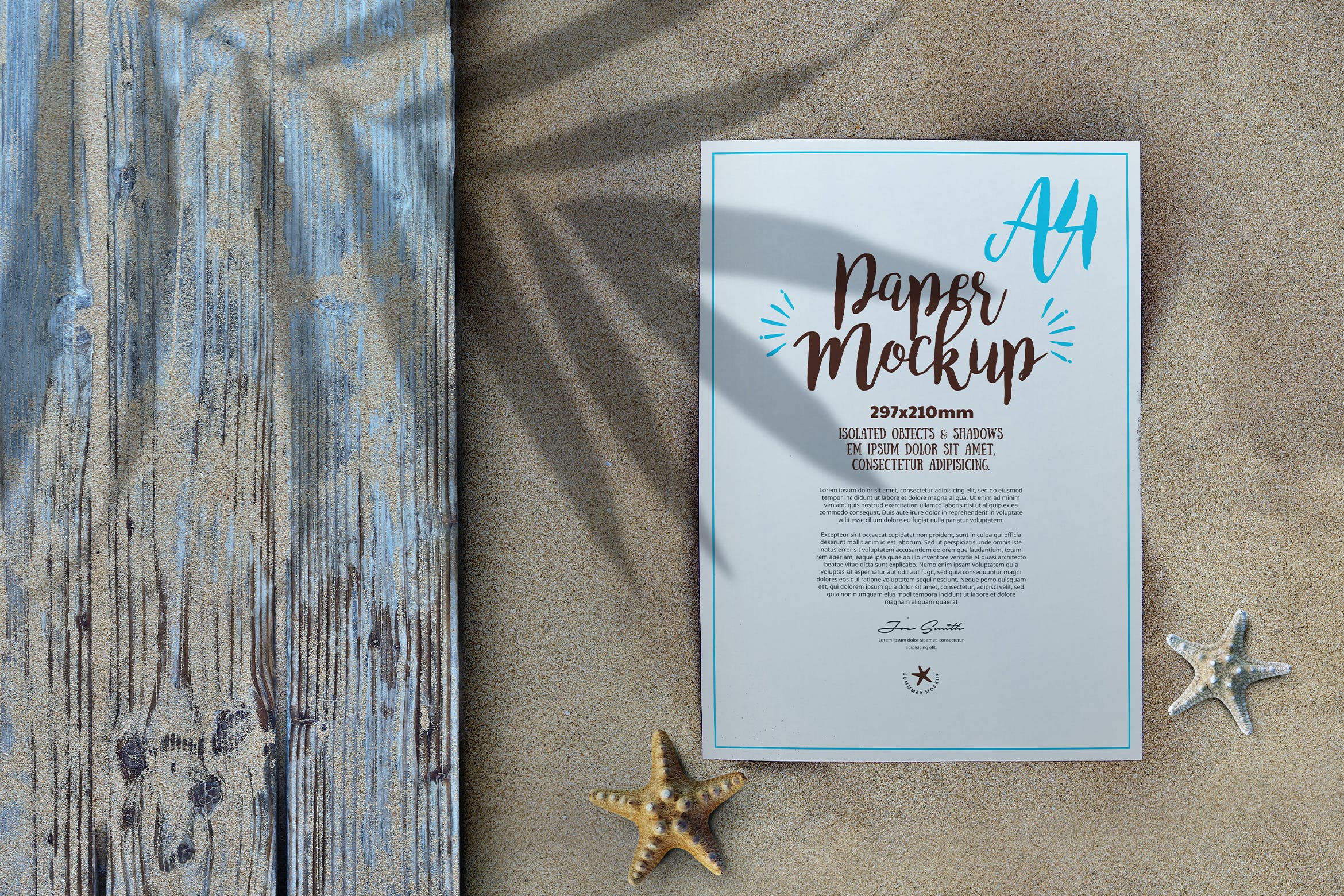 夏季沙滩背景A4纸张海报样机素材 A4 Paper Flyer Poster Summer Sand Beach Mockup