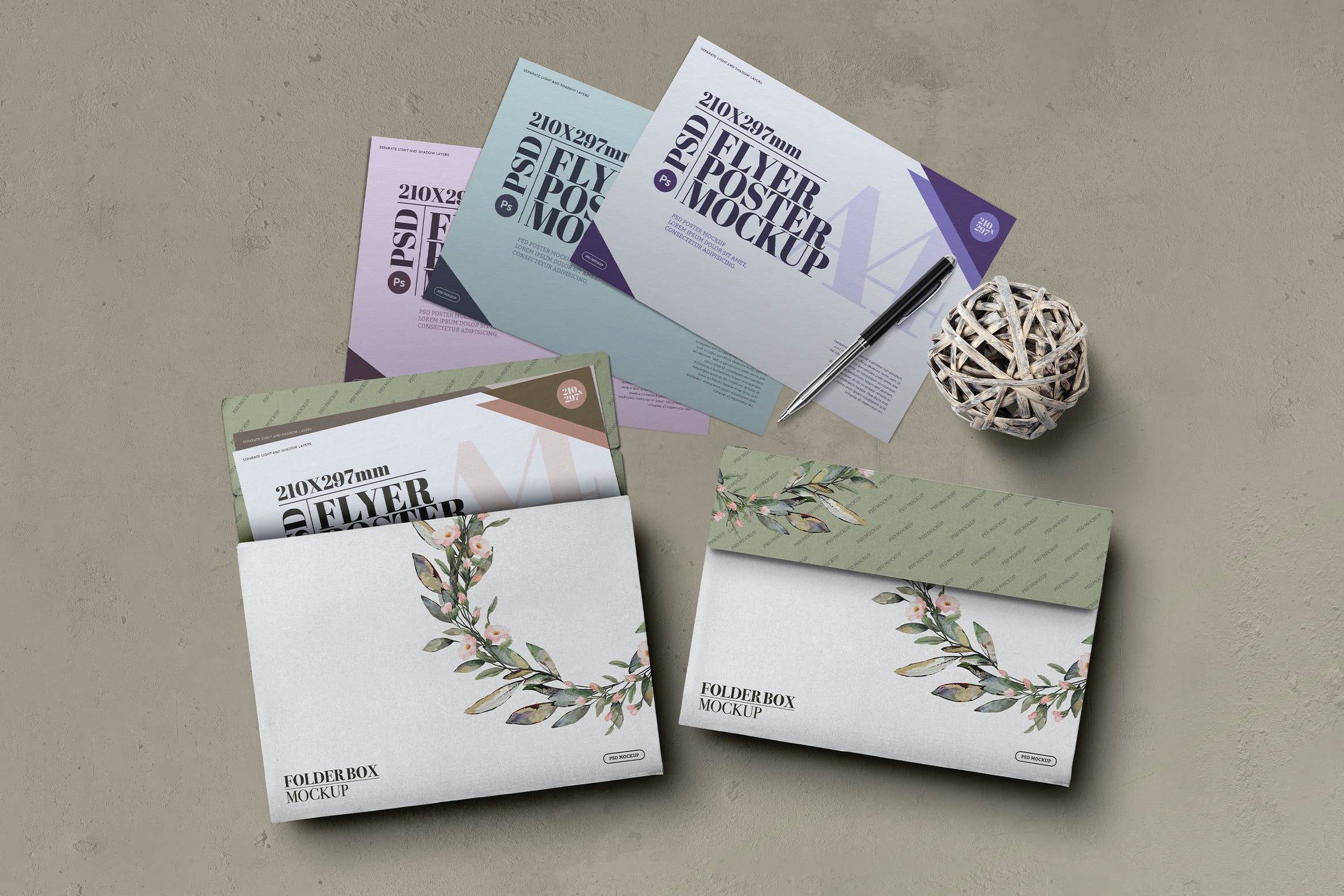 A4尺寸海报文件夹纸板盒样机素材 A4 Flyer Poster Folder Cardboard Box Mockup