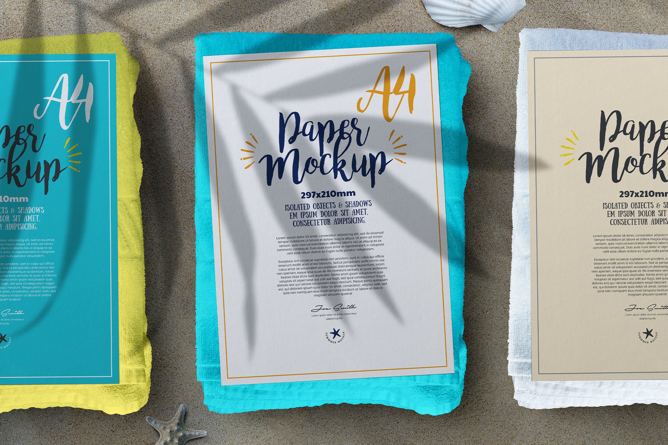 夏季沙滩场景A4纸张传单海报样机素材 A4 Paper Flyer Poster Summer Sand Beach Mockup