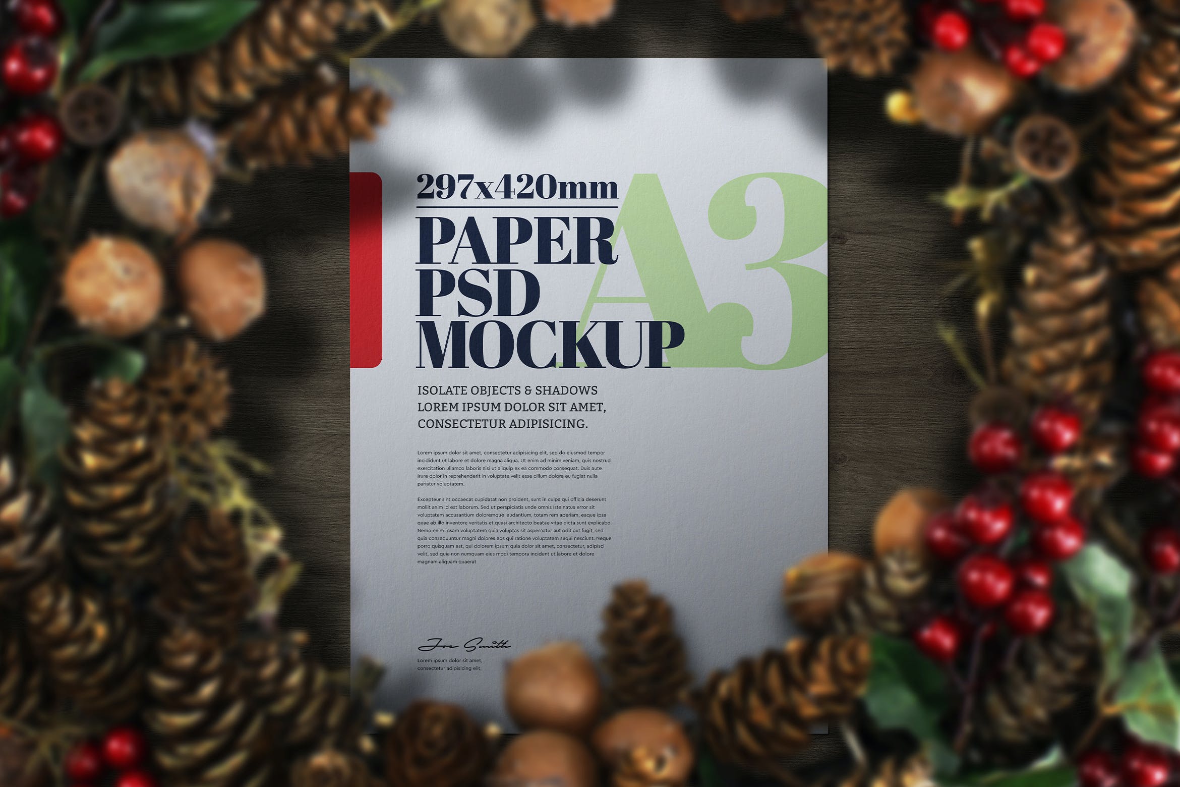 圣诞花环场景A3尺寸传单海报样机素材 Christmas A3 Flyer Poster Christmas Wreath  Mockup