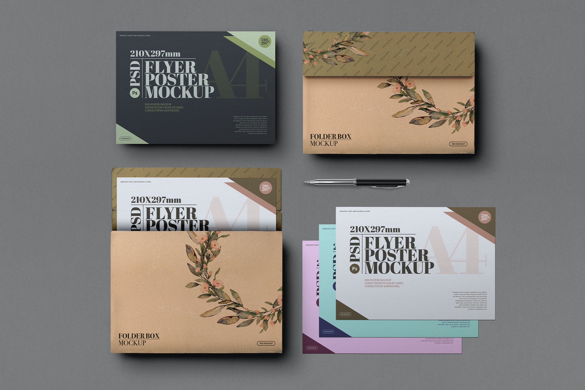 A4传单海报文件夹纸板盒样机素材 A4 Flyer Poster Folder Cardboard Box Mockup