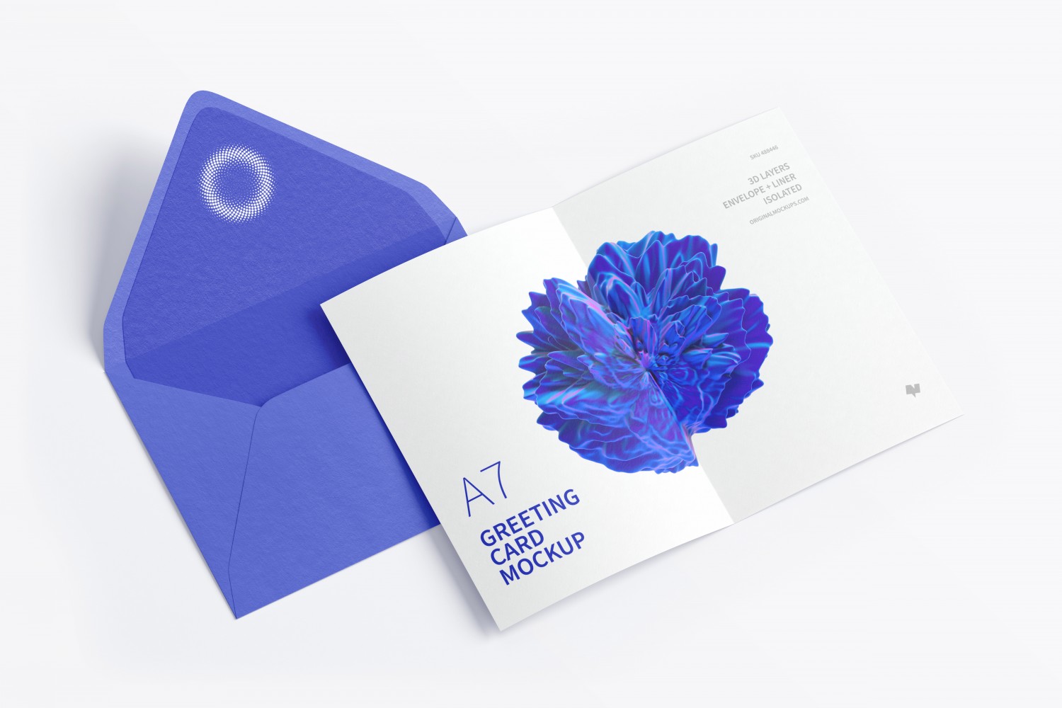 开页效果A7尺寸信封&贺卡样机 A7 Greeting Card Mockup with Envelope, Spread Pages