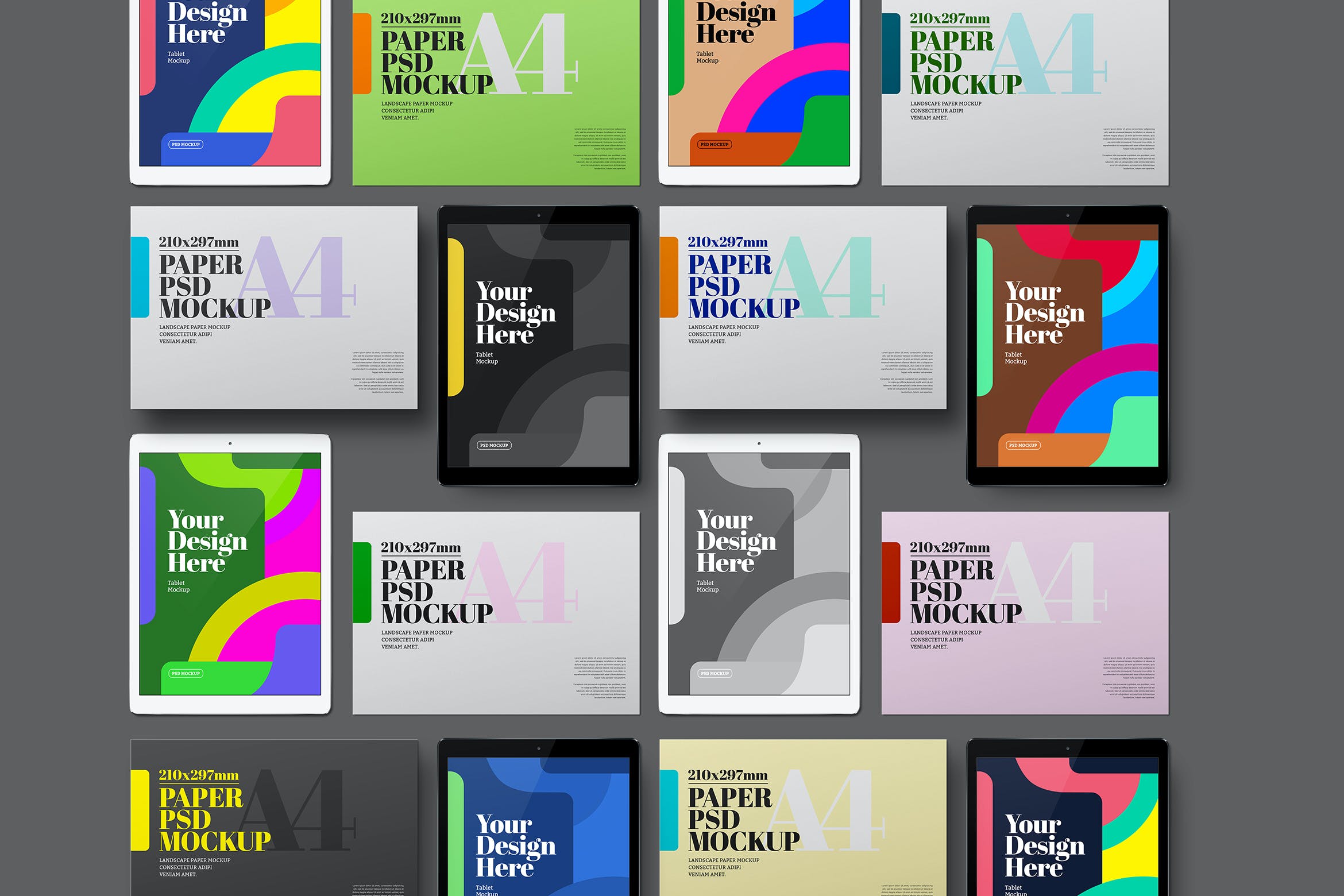 平板电脑和A4横版尺寸纸张样机套装 Tablet & A4 Landscape Paper Mockup Set