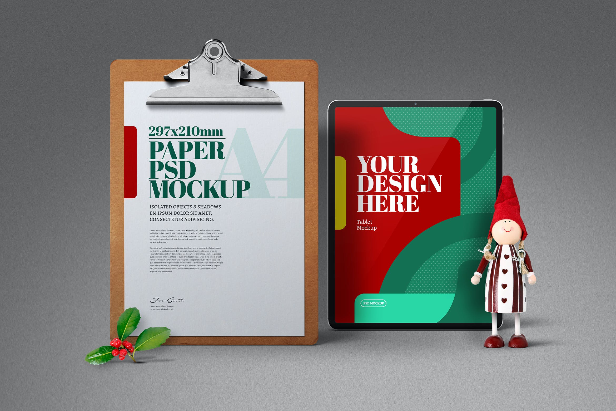 圣诞A4传单剪贴板&平板电脑样机 Christmas A4 Flyer Clipboard Tablet Mockup