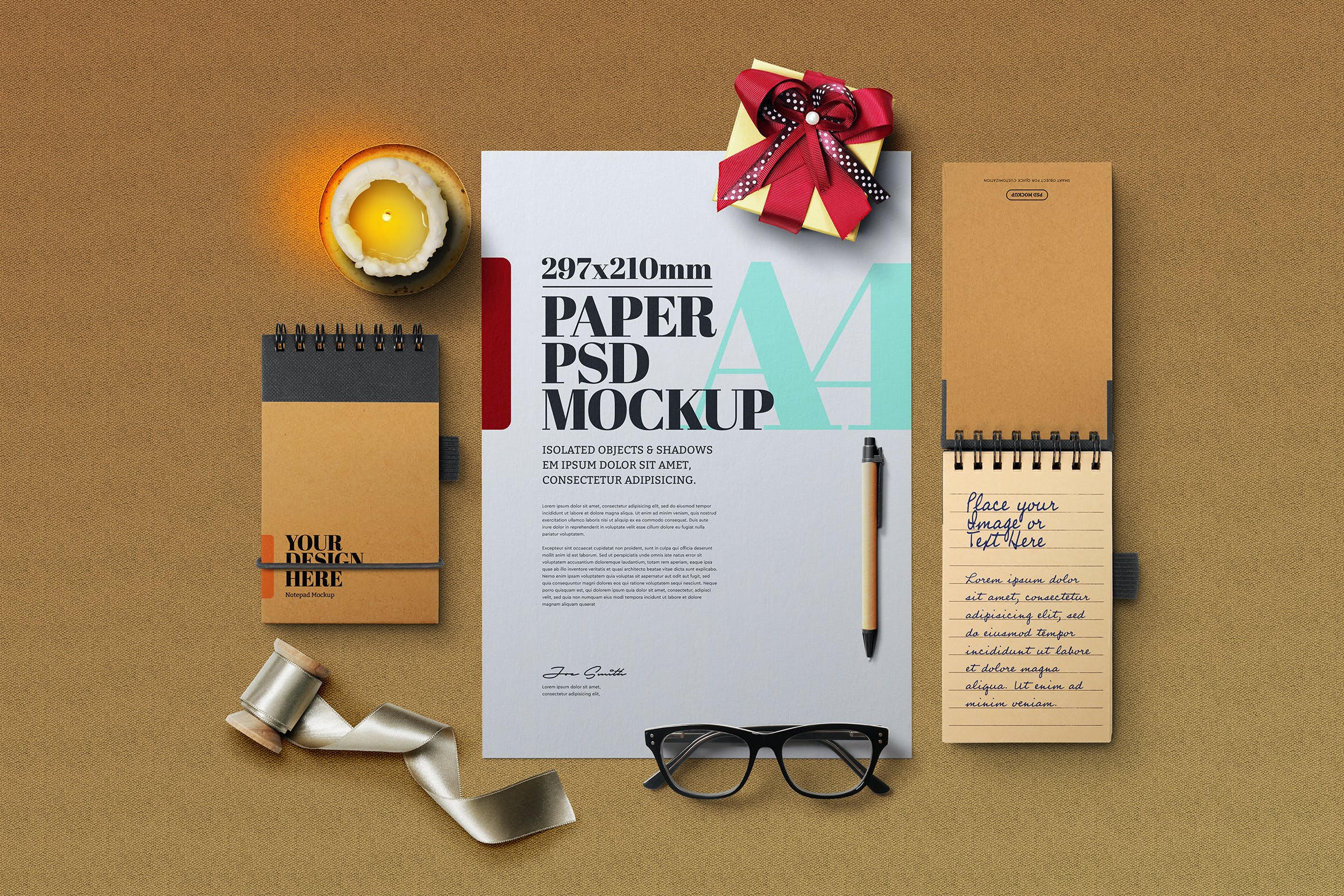 圣诞A4传单&牛皮纸活页记事本样机 Christmas A4 Flyer Kraft Spiral Notepad Mockup
