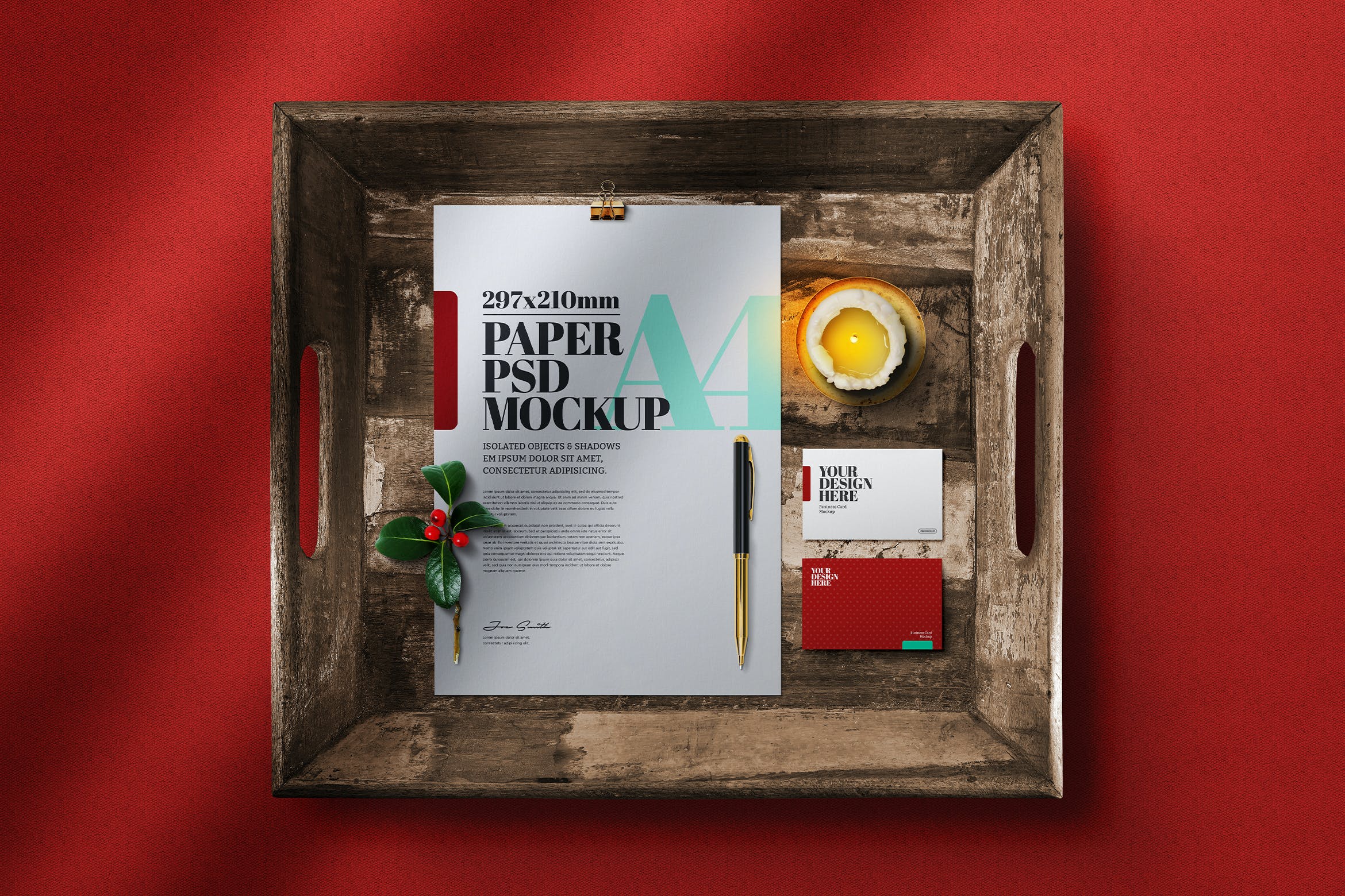 仿古木制元素圣诞文具A4海报样机 Christmas Stationery A4 Flyer Rustic Wooden Mockup