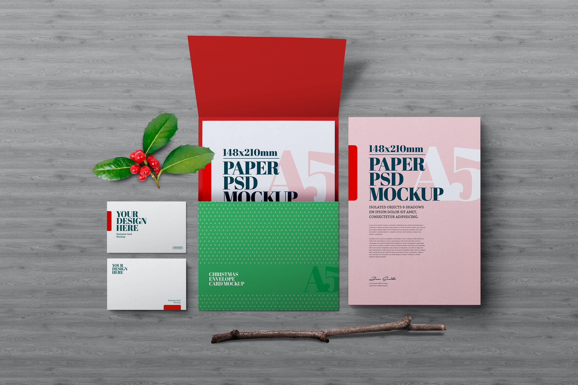 圣诞节主题A5尺寸传单邀请贺卡样机 Christmas A5 Flyer Invitation Greeting Card Mockup