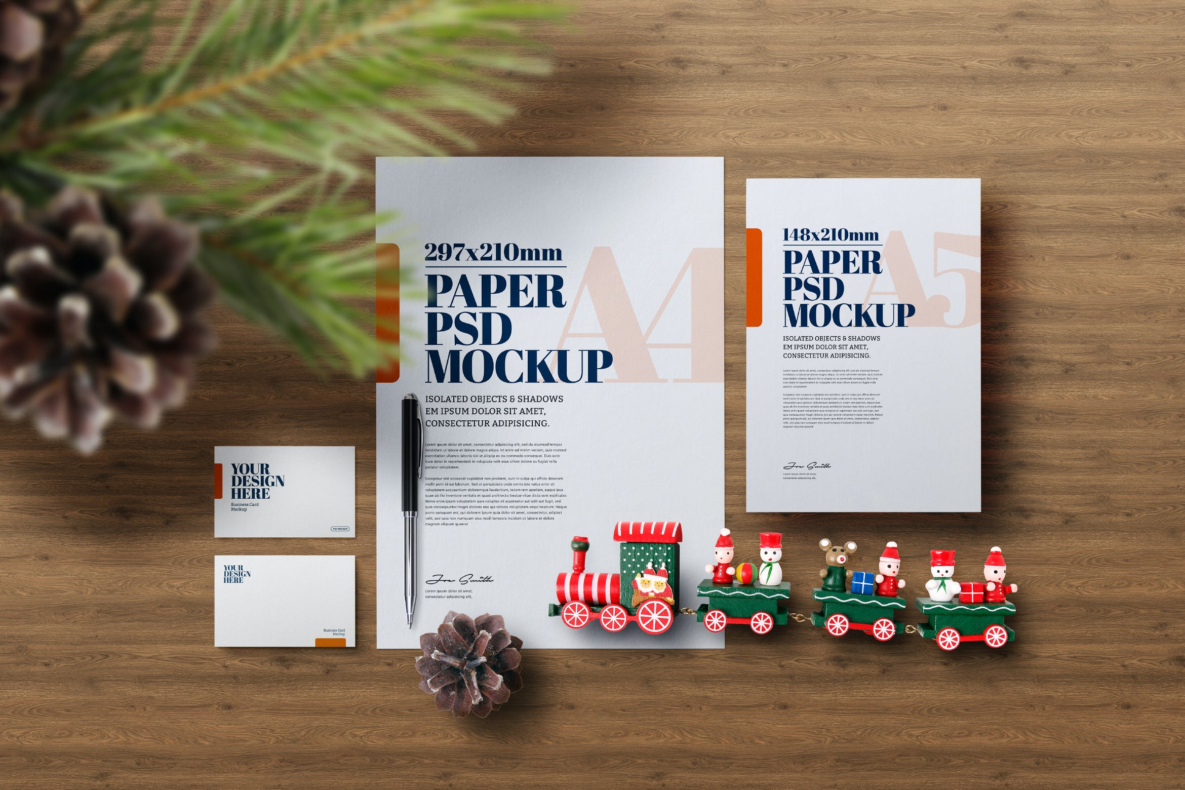 木制火车圣诞场景A4海报文具样机 Christmas Stationery A4 Flyer Wooden Train Mockup
