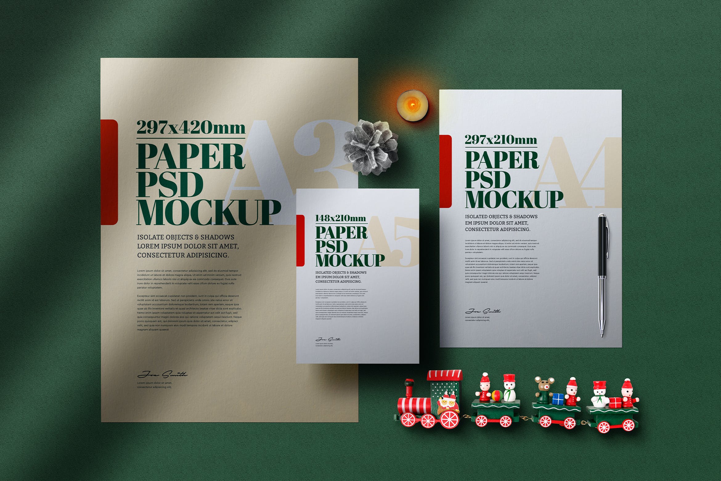 圣诞文具A5/A4/A3尺寸传单海报样机 Christmas Stationery A5 A4 A3 Flyer Poster Mockup