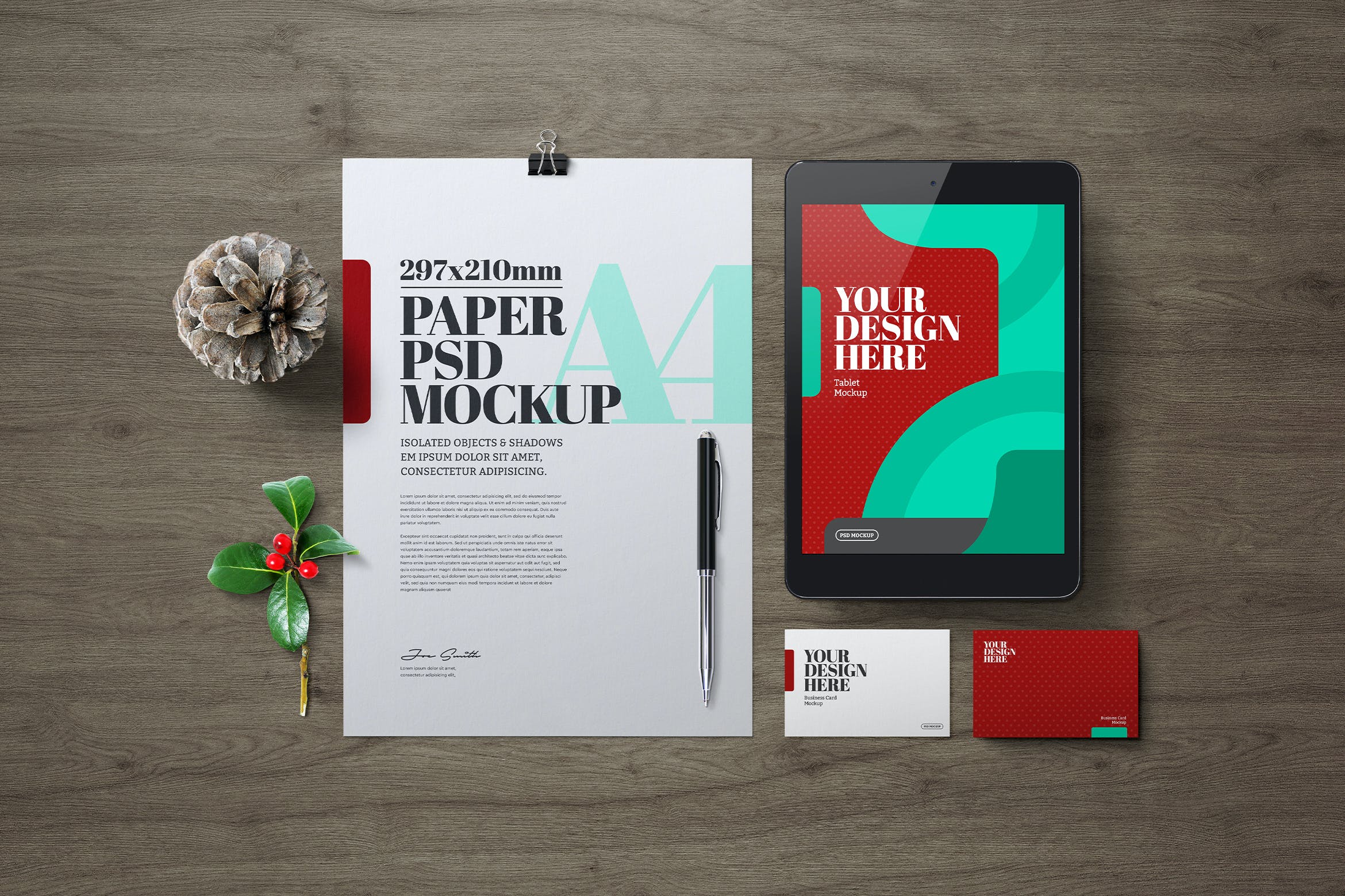 圣诞场景A4海报文具&平板电脑样机 Christmas Stationery A4 Flyer Tablet Mockup