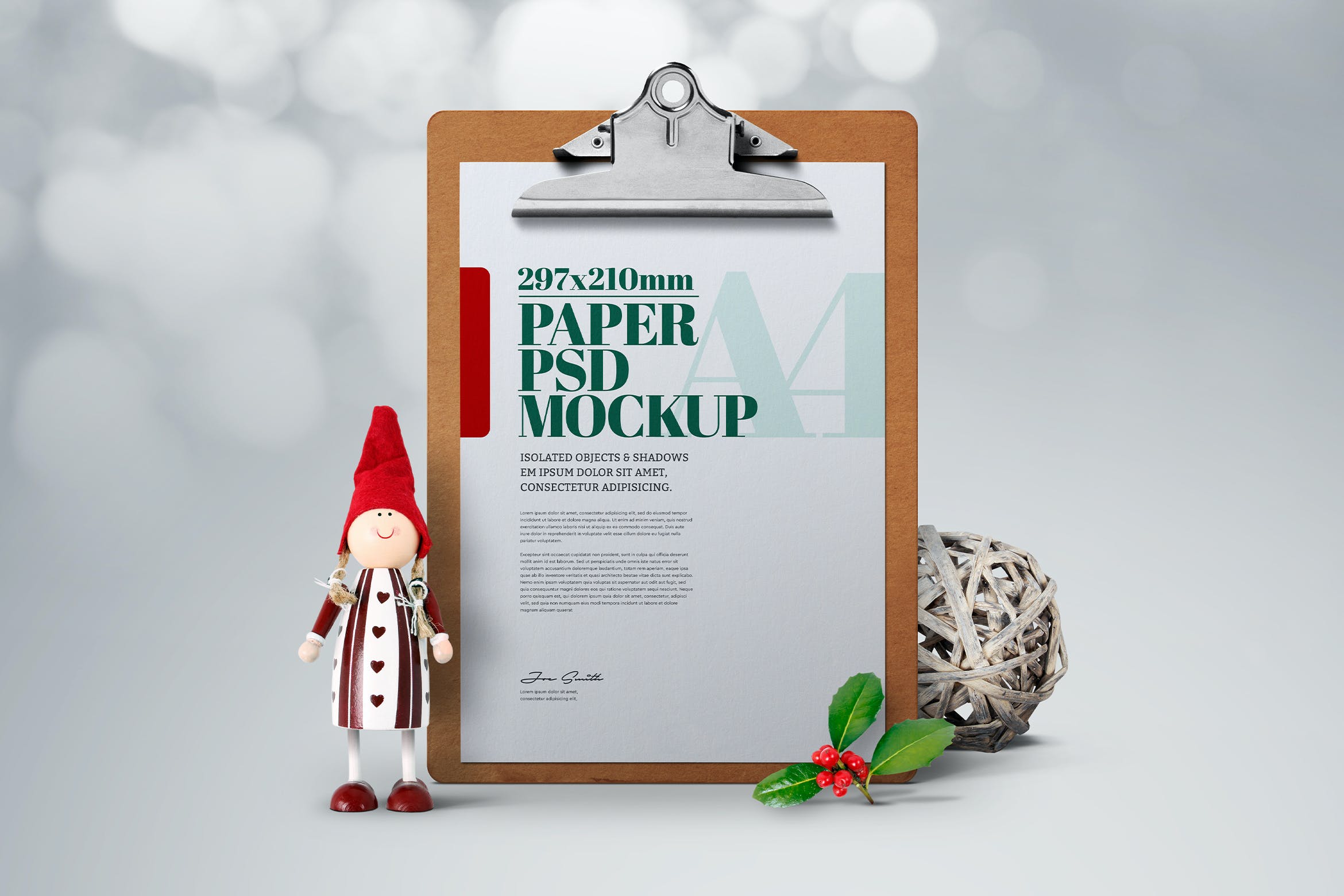 圣诞场景A4海报剪贴板样机 Christmas A4 Flyer Clipboard Mockup