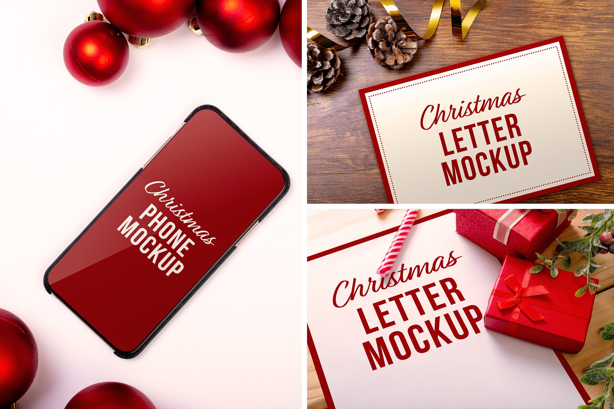 圣诞背景纸张和iPhone手机样机集 Christmas Letter & Phone Mockup Set