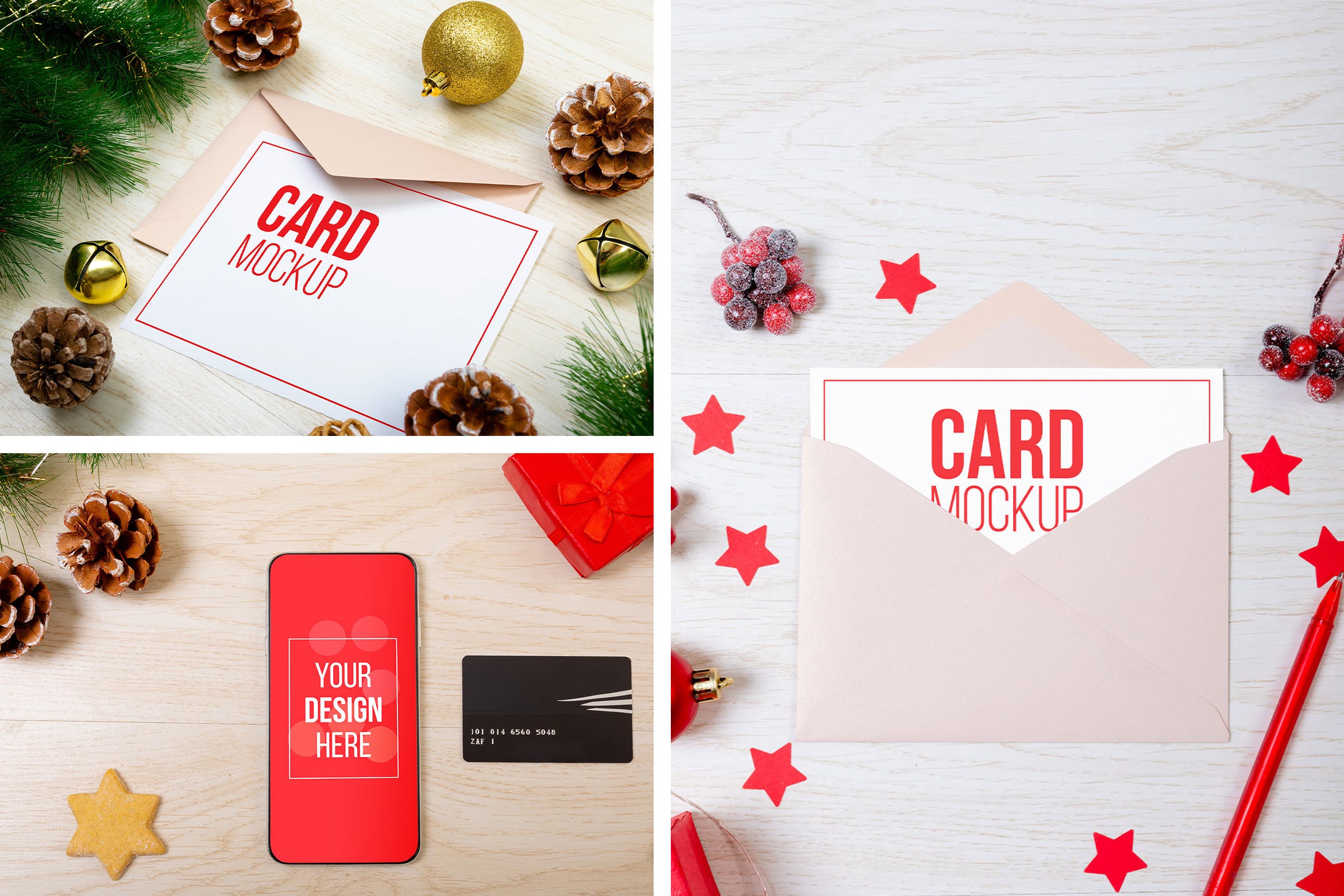 圣诞iPhone手机&贺卡设计样机套装 Christmas Phone & Card Mockup Set
