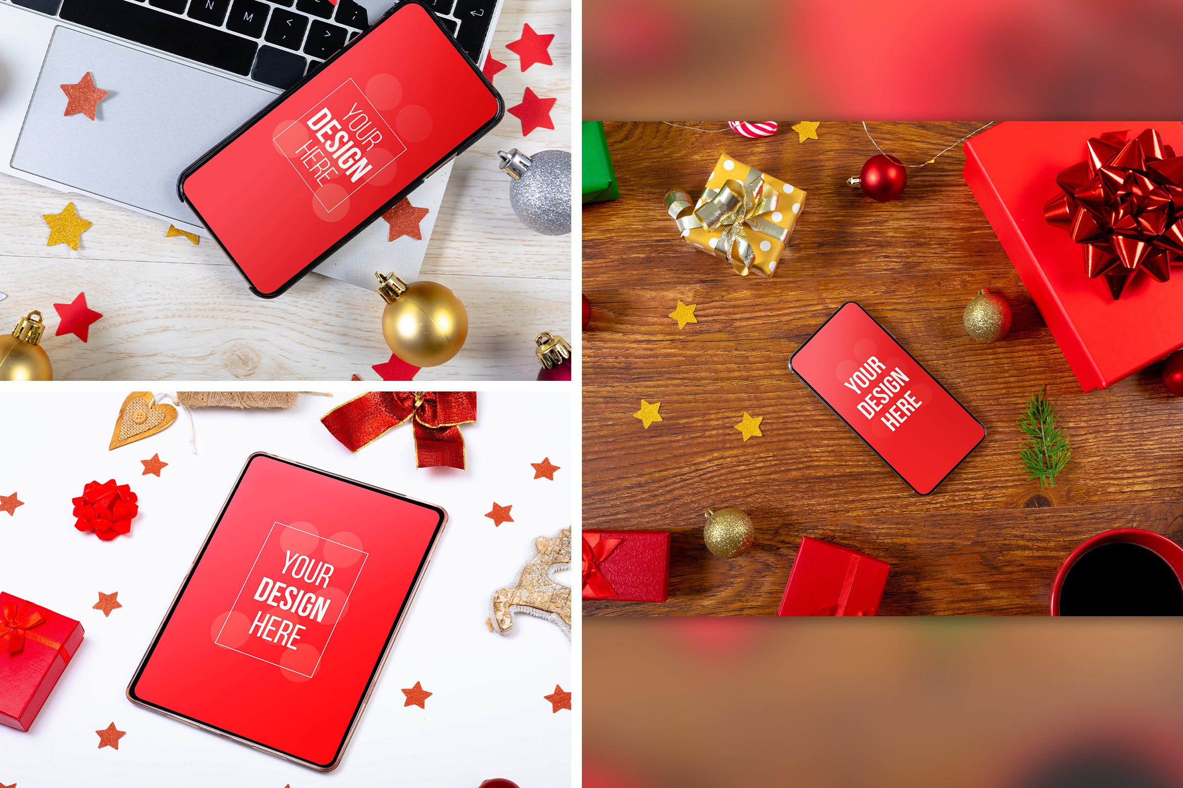 圣诞手机和平板电脑屏幕样机集 Christmas Phone & Tablet Screen Mockup Set