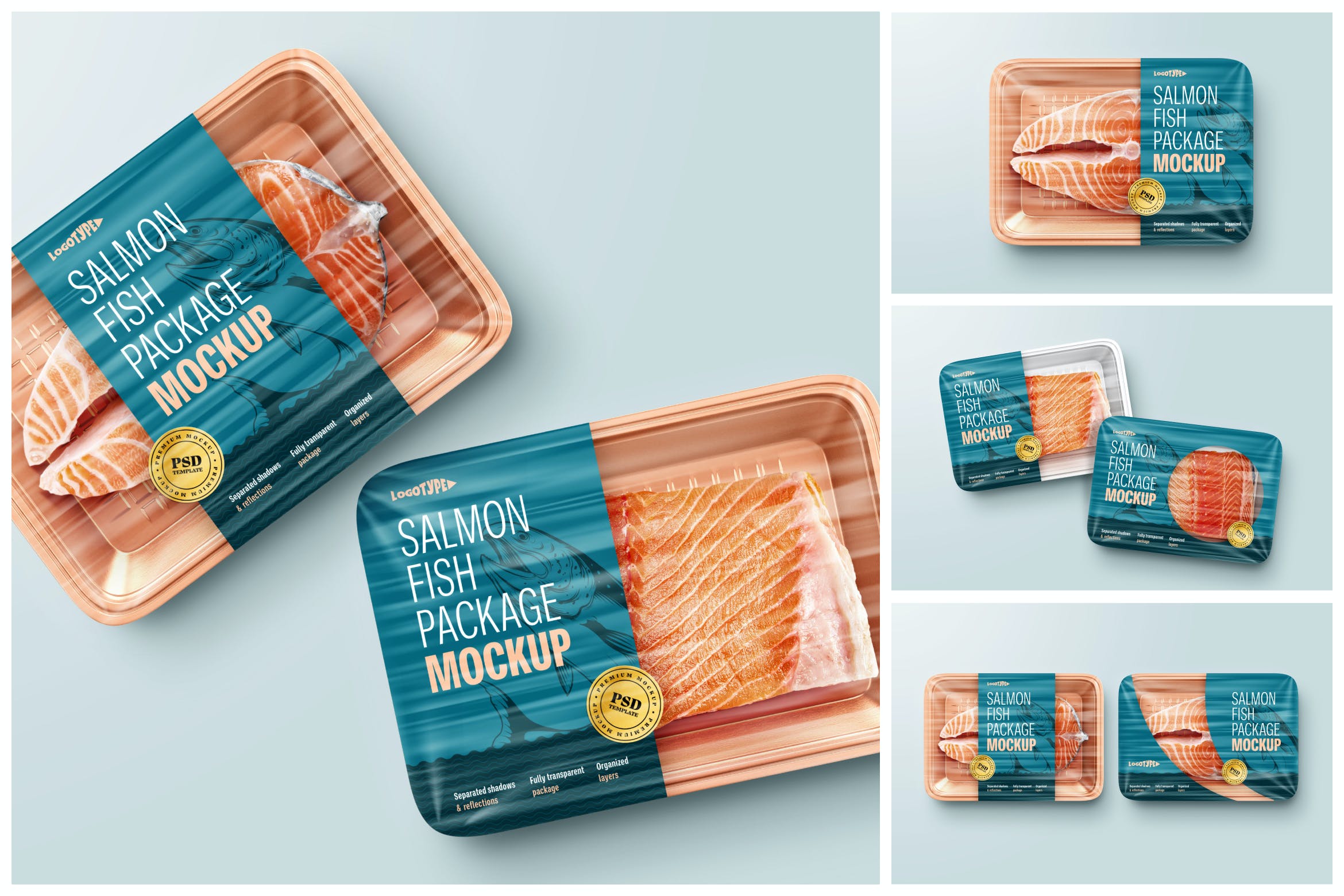 三文鱼食品盒包装设计样机套装 Salmon Fish Package Mockup Set