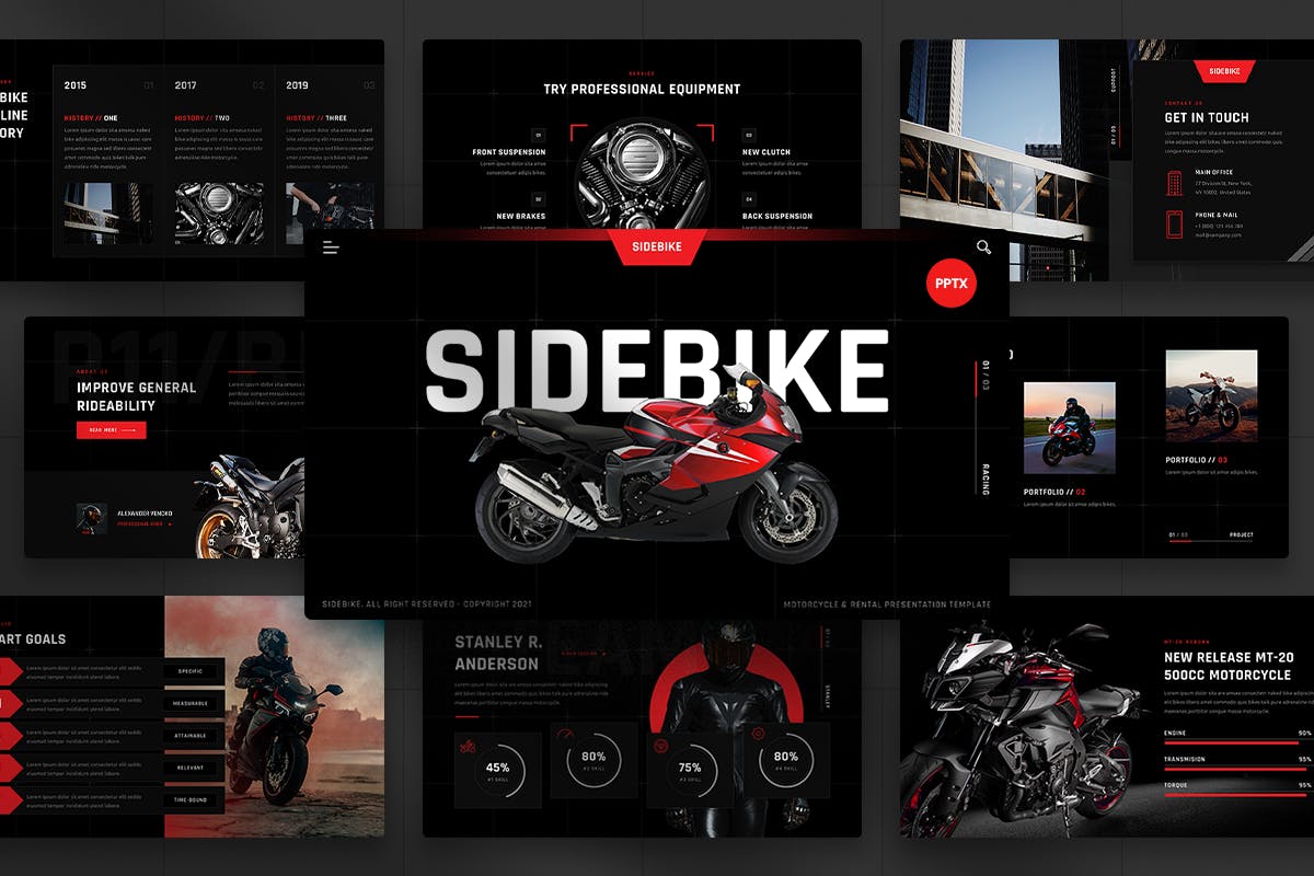 时尚高端专业的高品质摩托车骑士租车服务powerpoint幻灯片演示模板（pptx）